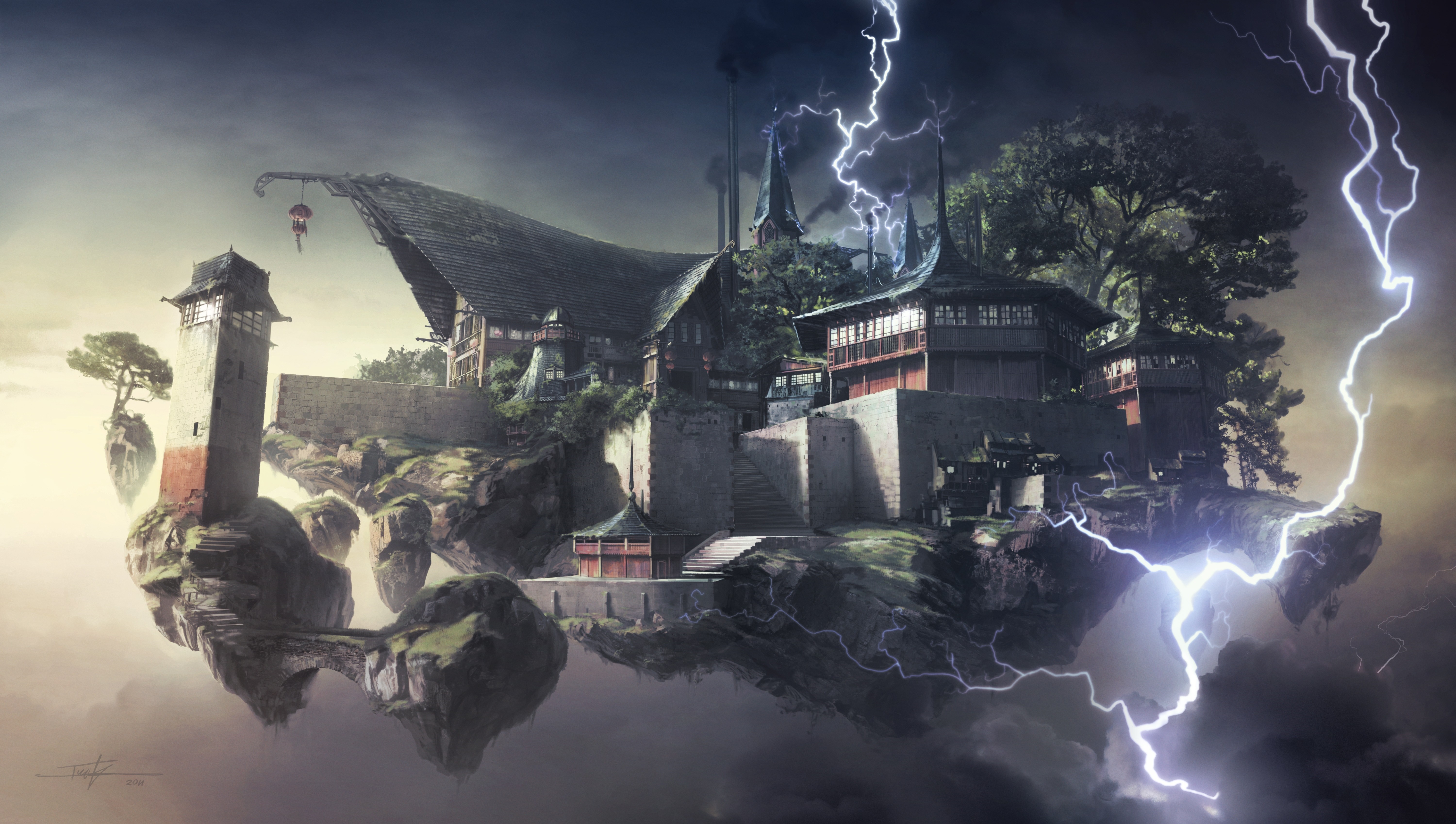 Fantasy floating islands with ancient architecture during a thunderstorm HD Wallpaper