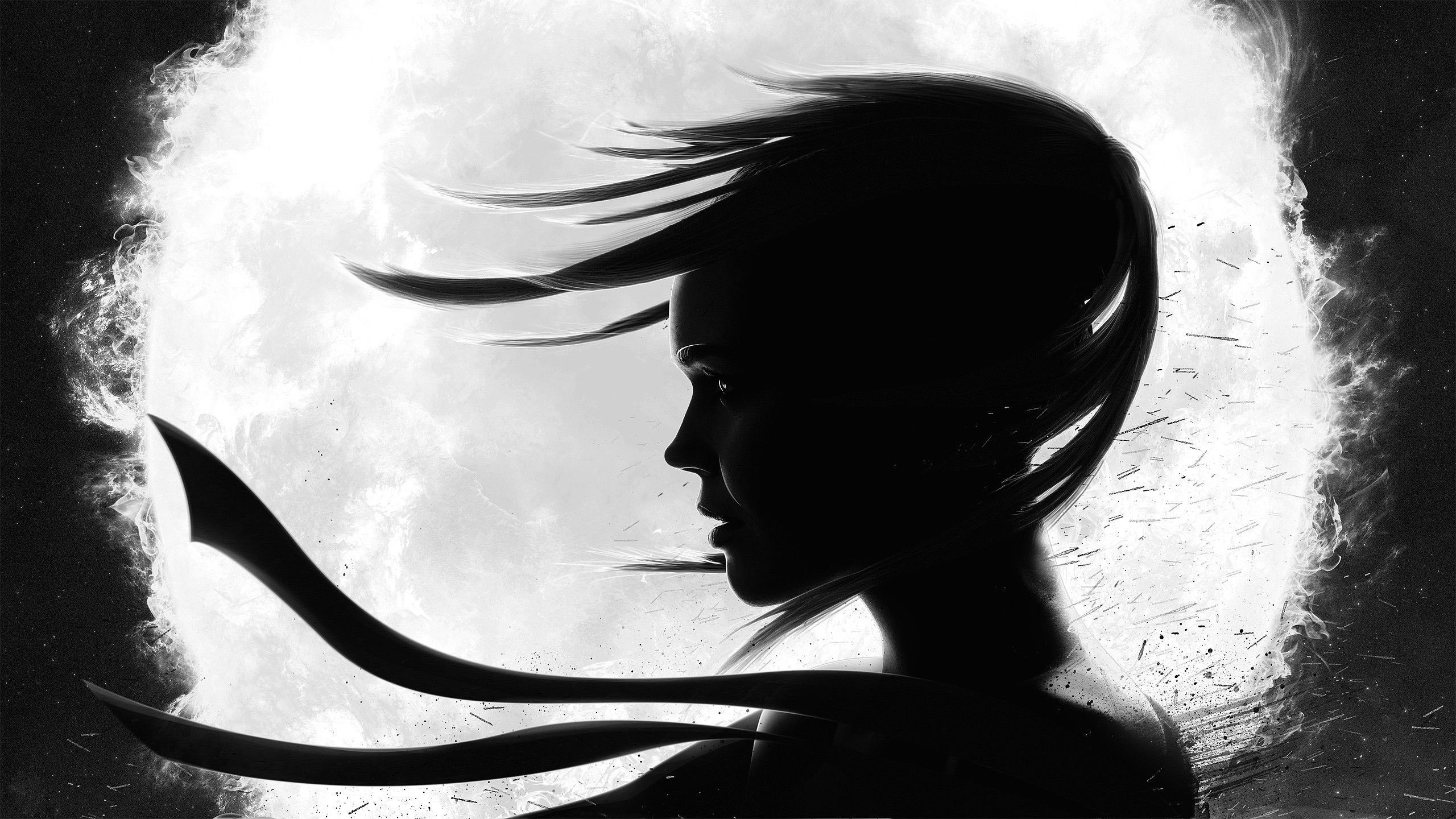 Monochrome silhouette of a woman with flowing hair HD Wallpaper