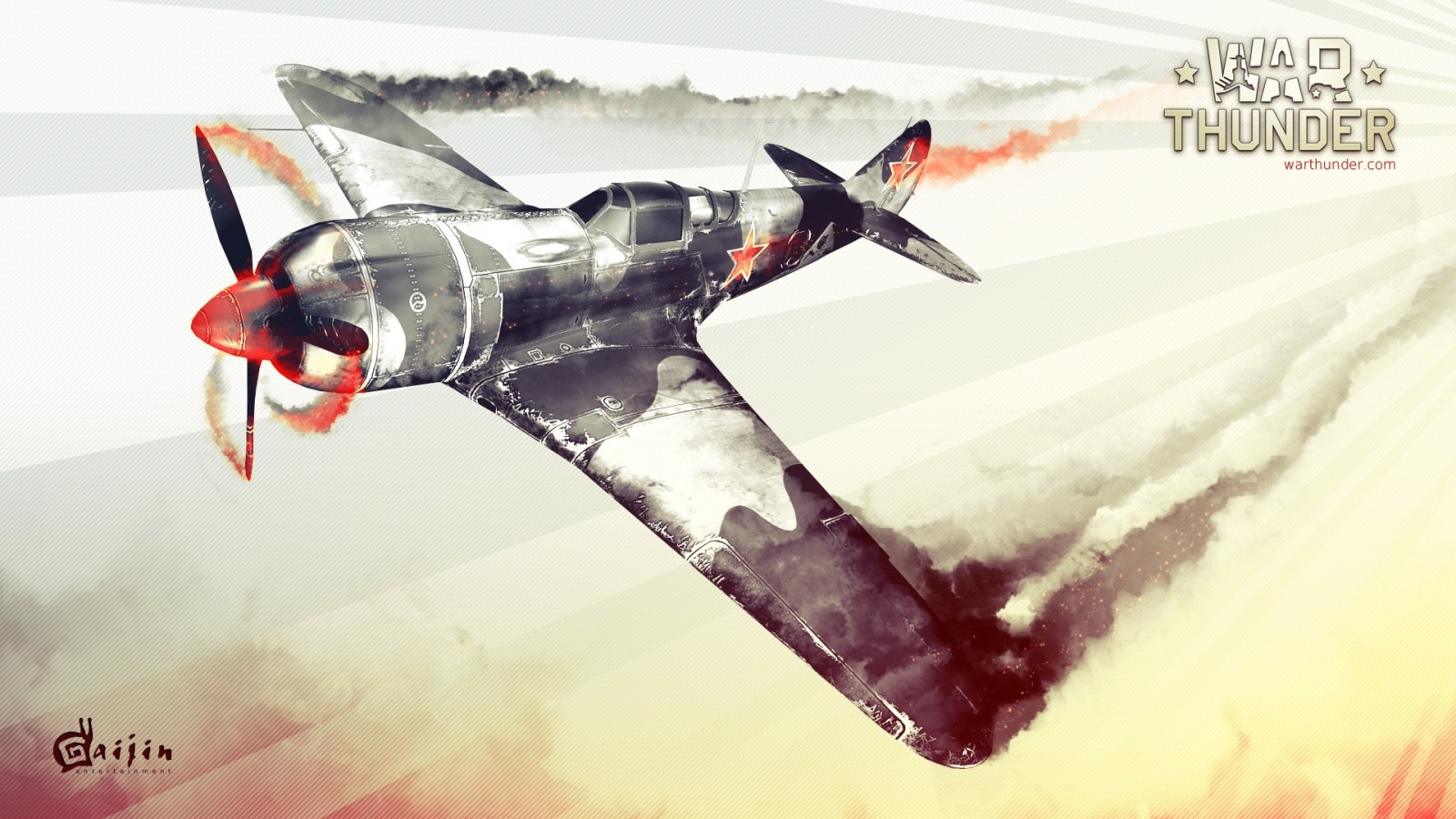 War Thunder airplane with red stars and smoke HD Wallpaper