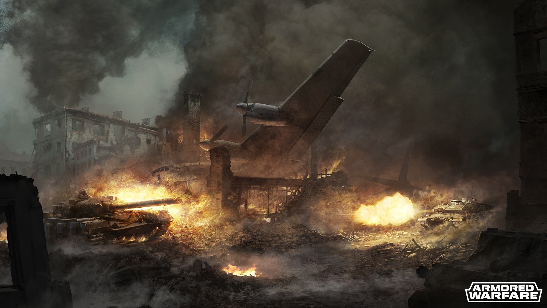 Armored Warfare: Tanks and Plane in Burning City HD Wallpaper