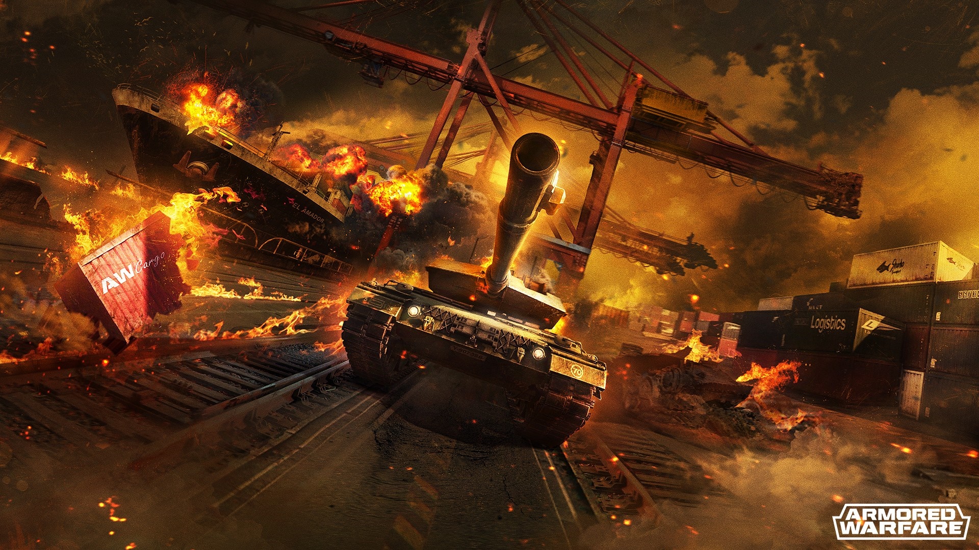 Tank in a burning port with a ship and cranes HD Wallpaper