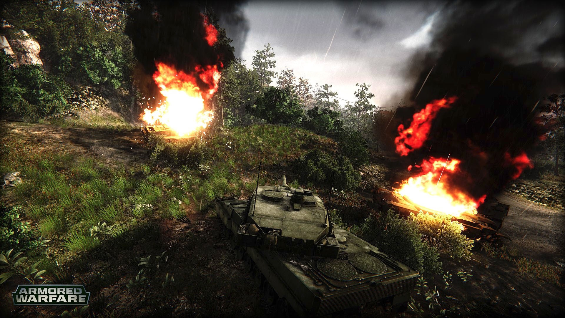 Armored Warfare tanks on fire in a forest HD Wallpaper