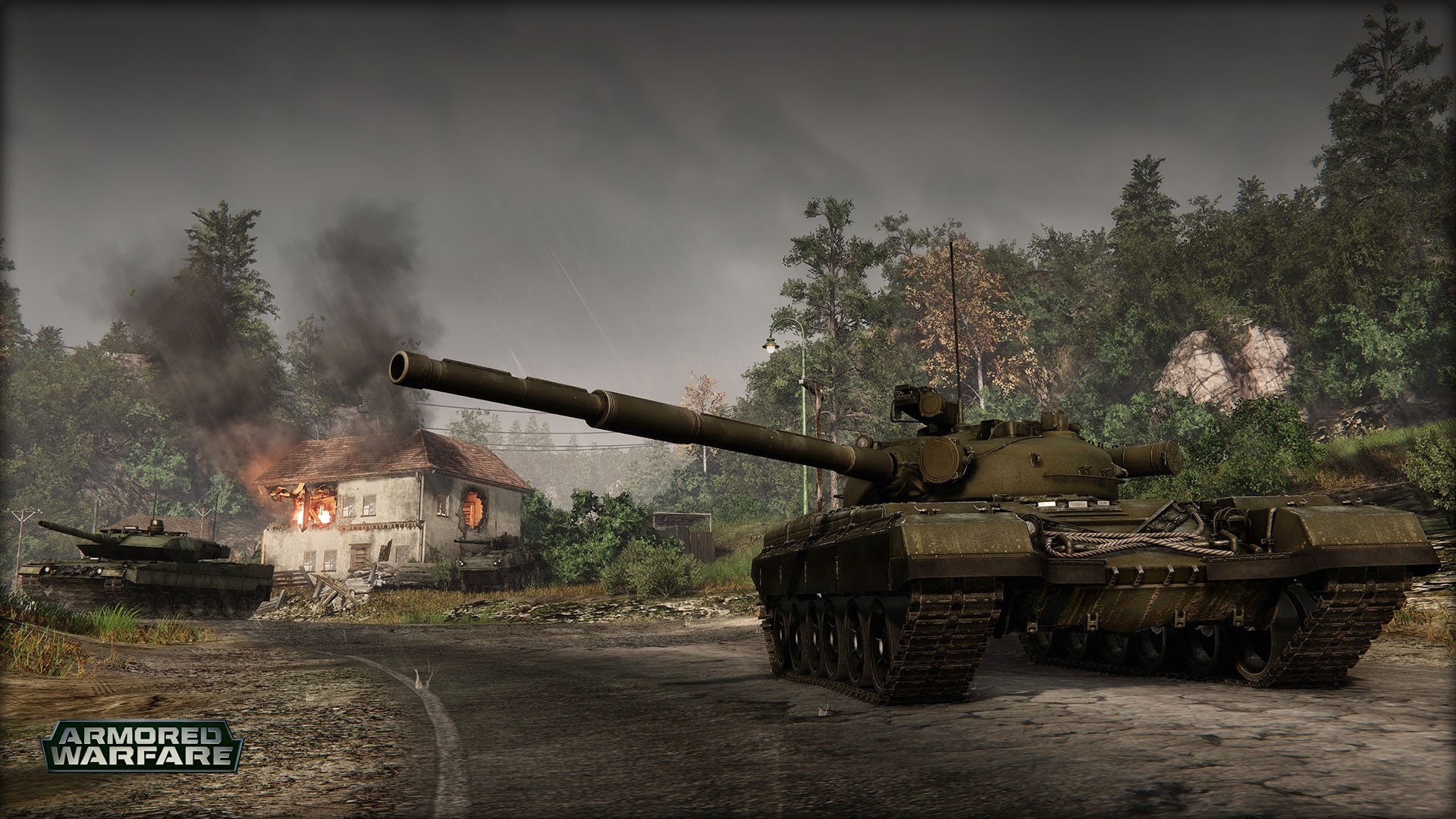 Tanks in Armored Warfare near a burning house HD Wallpaper