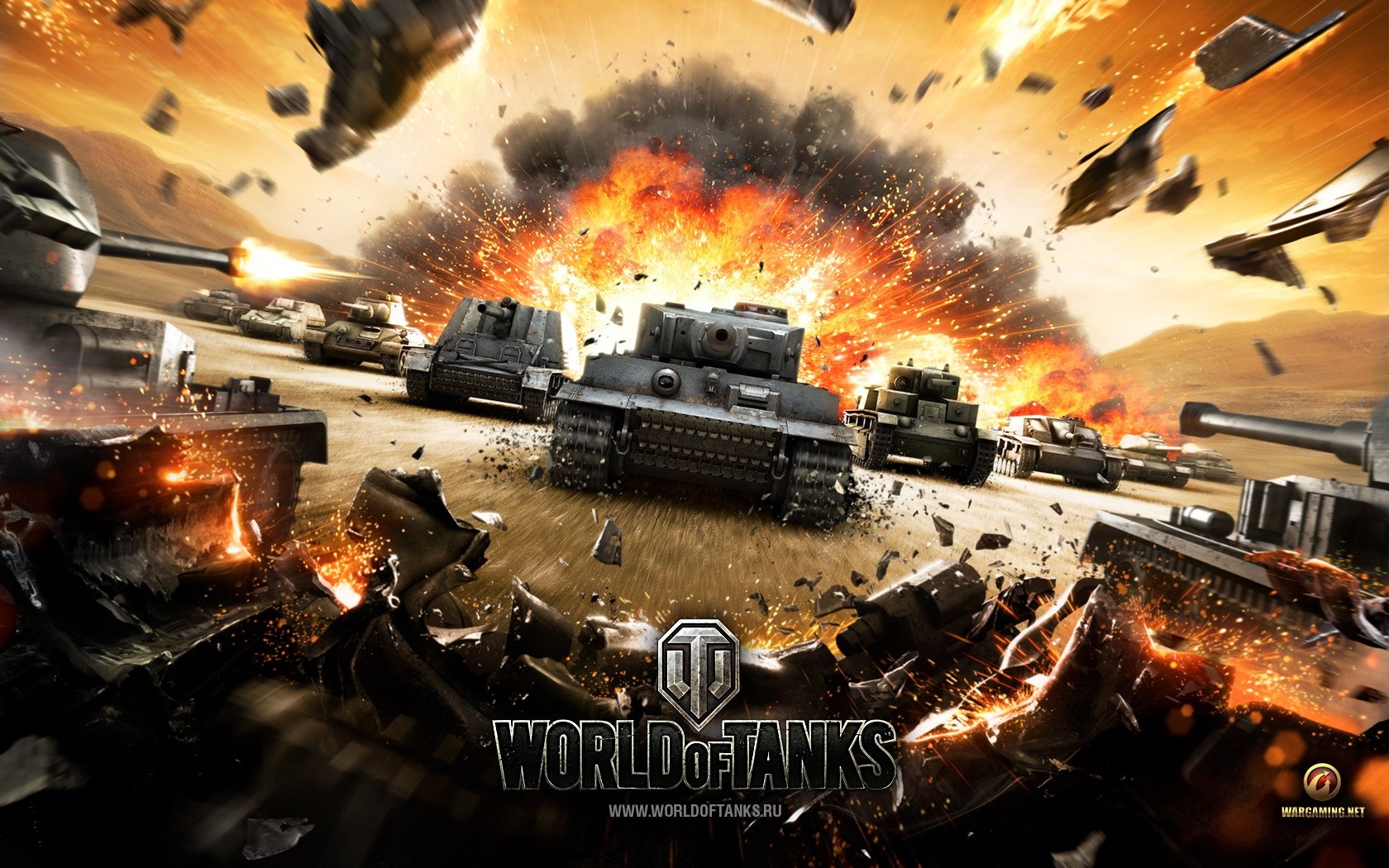 World of Tanks explosion with tanks firing HD Wallpaper