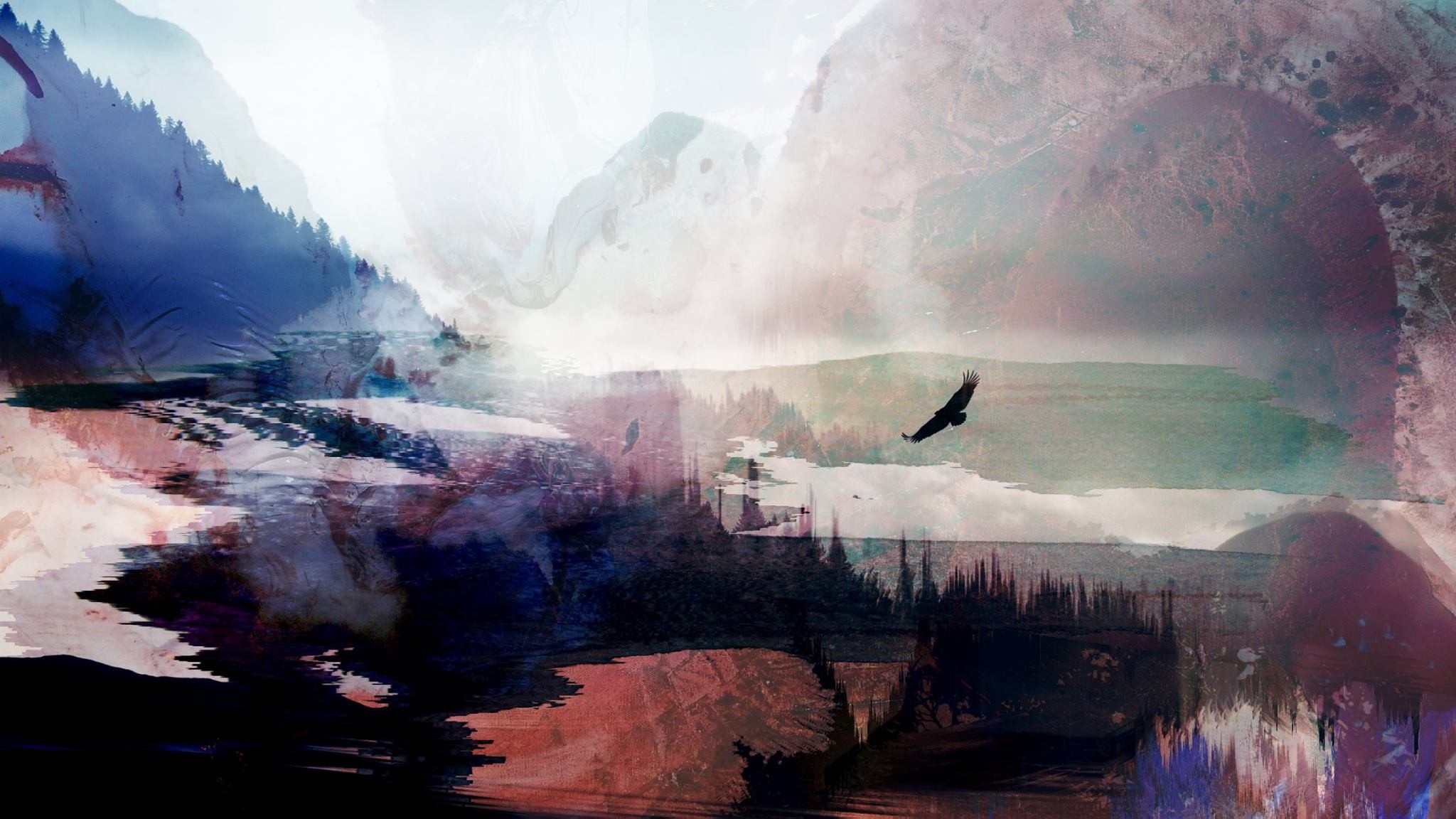 Glitch art painting of a bird flying over mountains HD Wallpaper