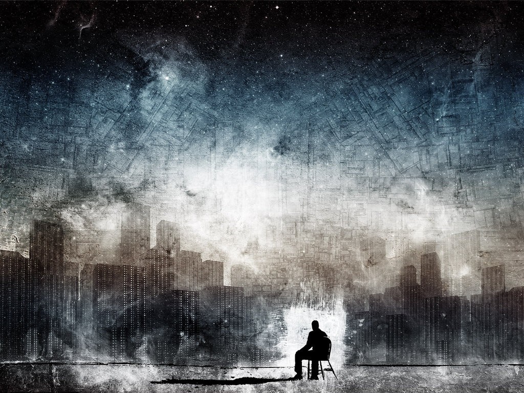 Silhouette of a person sitting in a chair overlooking a futuristic cityscape under a starry sky HD Wallpaper