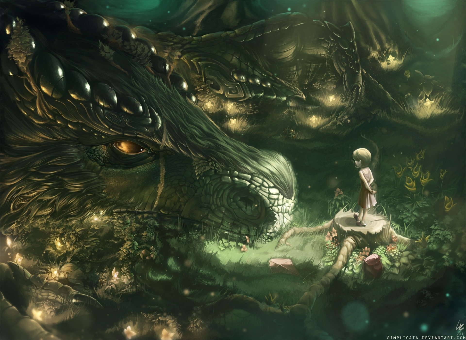 A young girl stands before a giant dragon in a magical forest HD Wallpaper