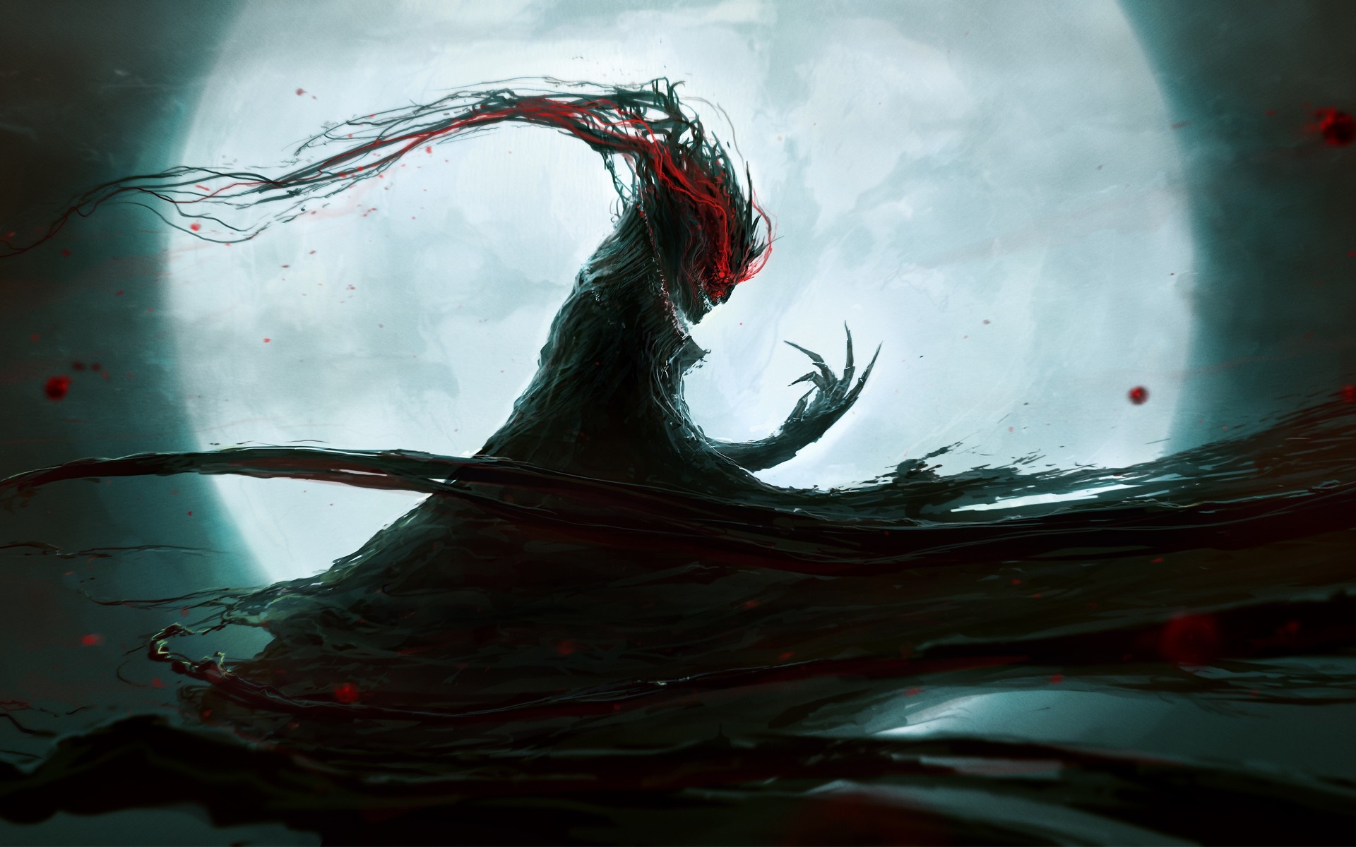 Dark Fantasy Creature with Red Eyes and Flowing Tendrils HD Wallpaper