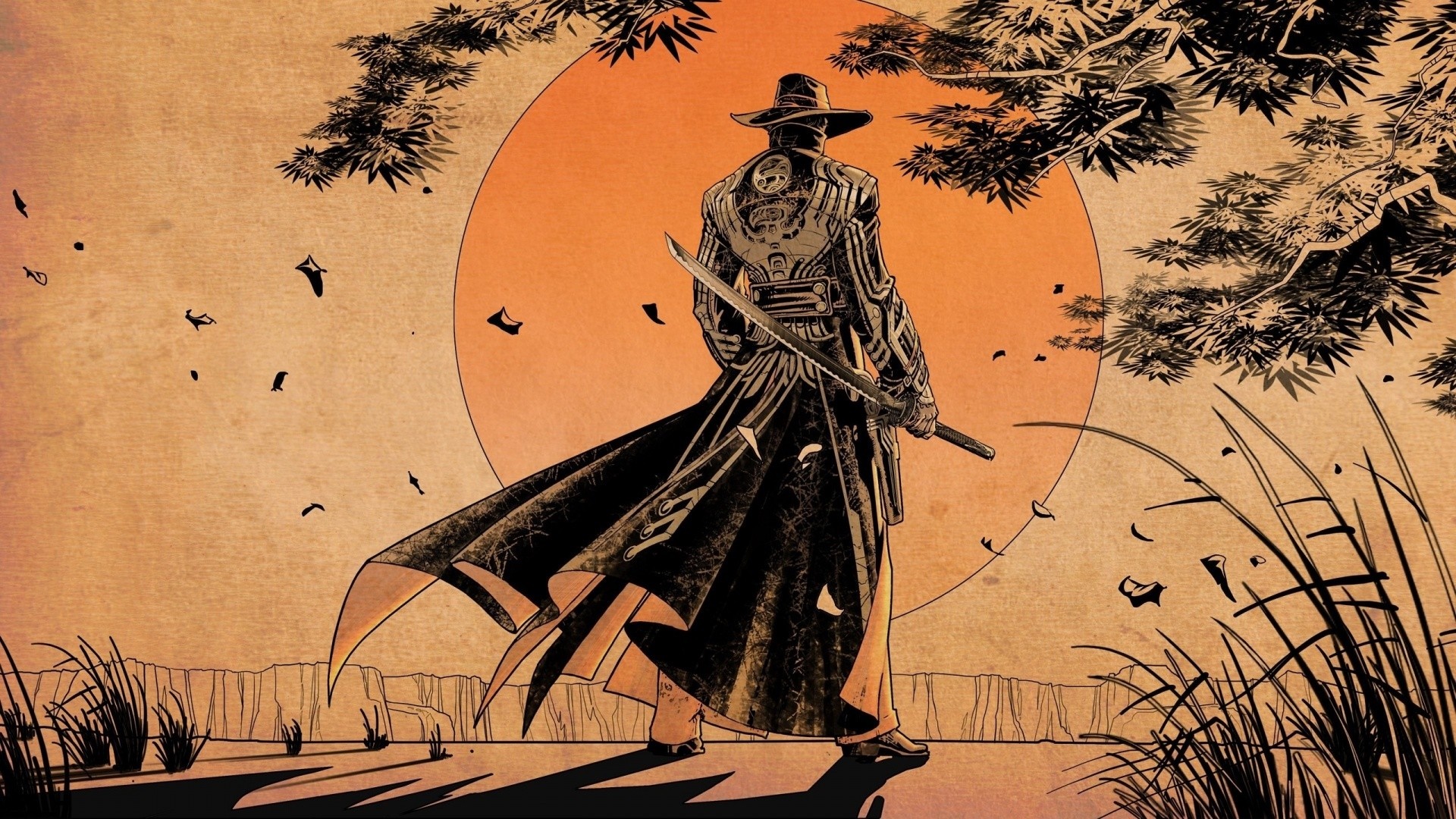 Samurai with sword at sunset HD Wallpaper
