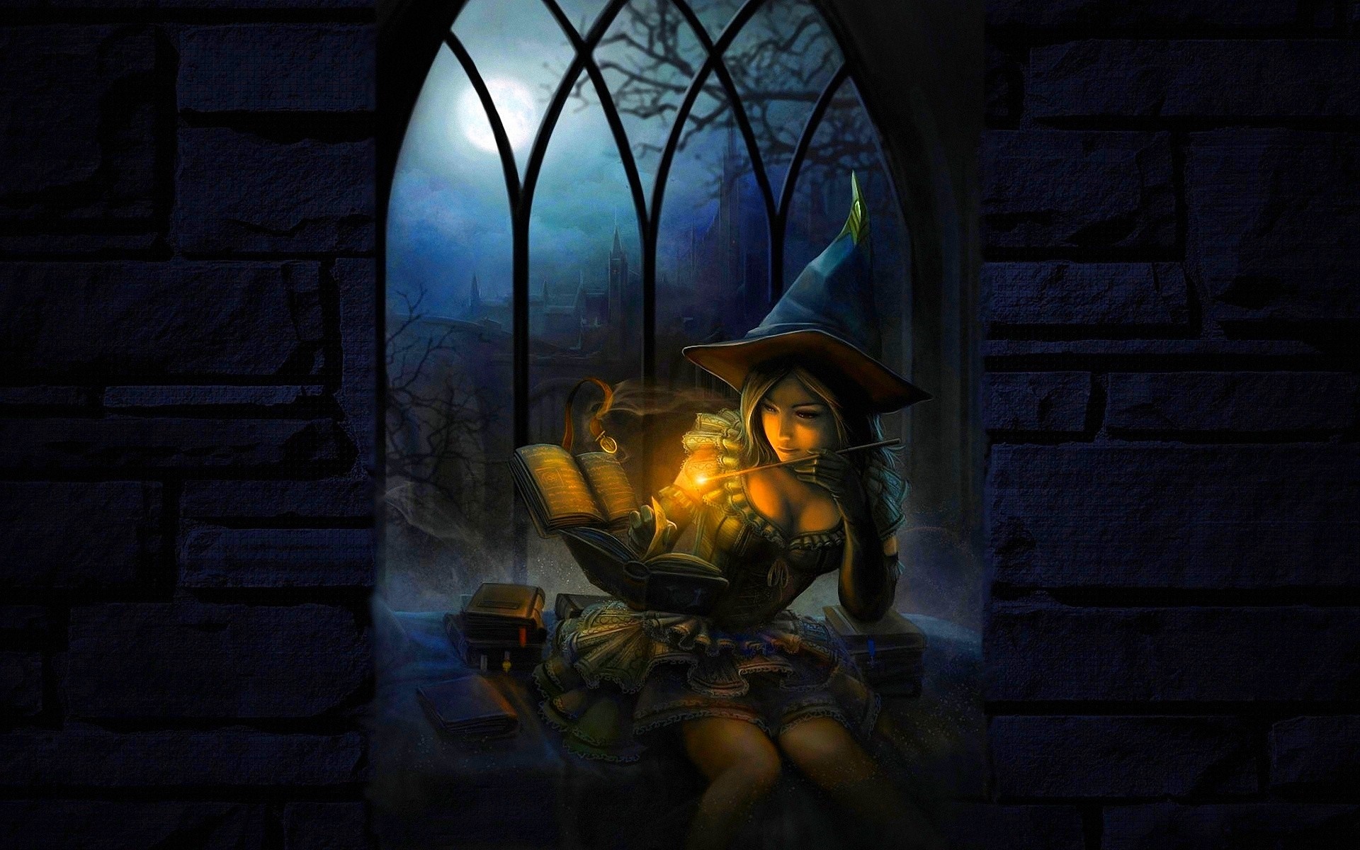 Witch reading a magic book by moonlight HD Wallpaper