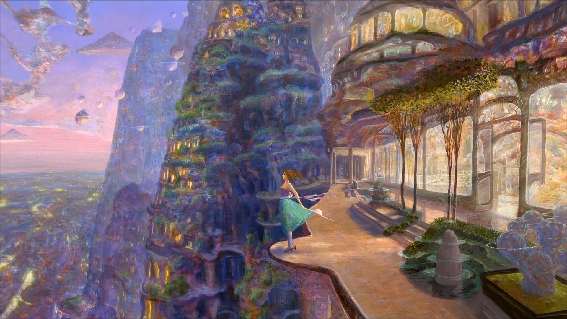 Fantasy city on cliffs with a woman on a balcony HD Wallpaper
