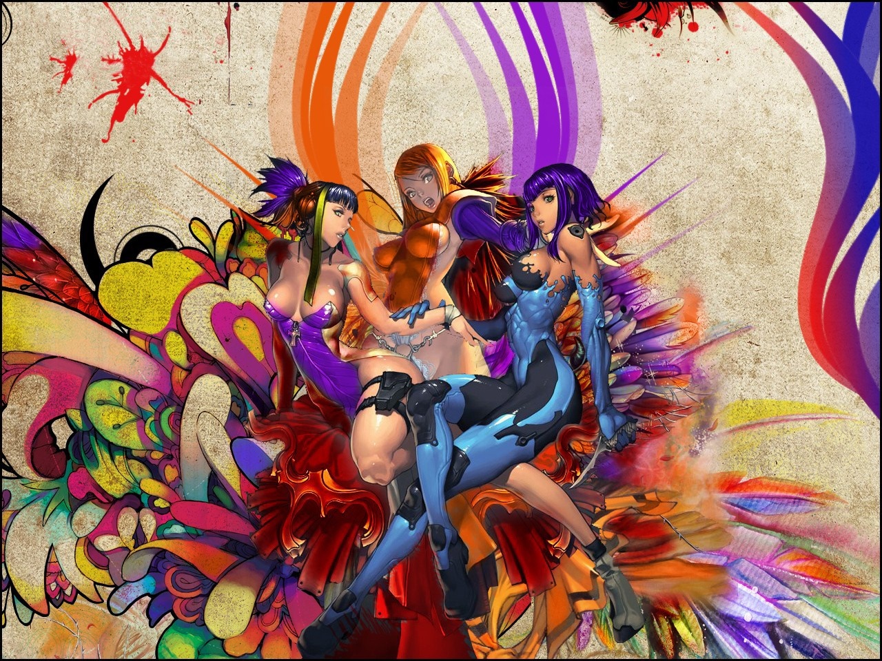 Three anime girls with colorful abstract art HD Wallpaper