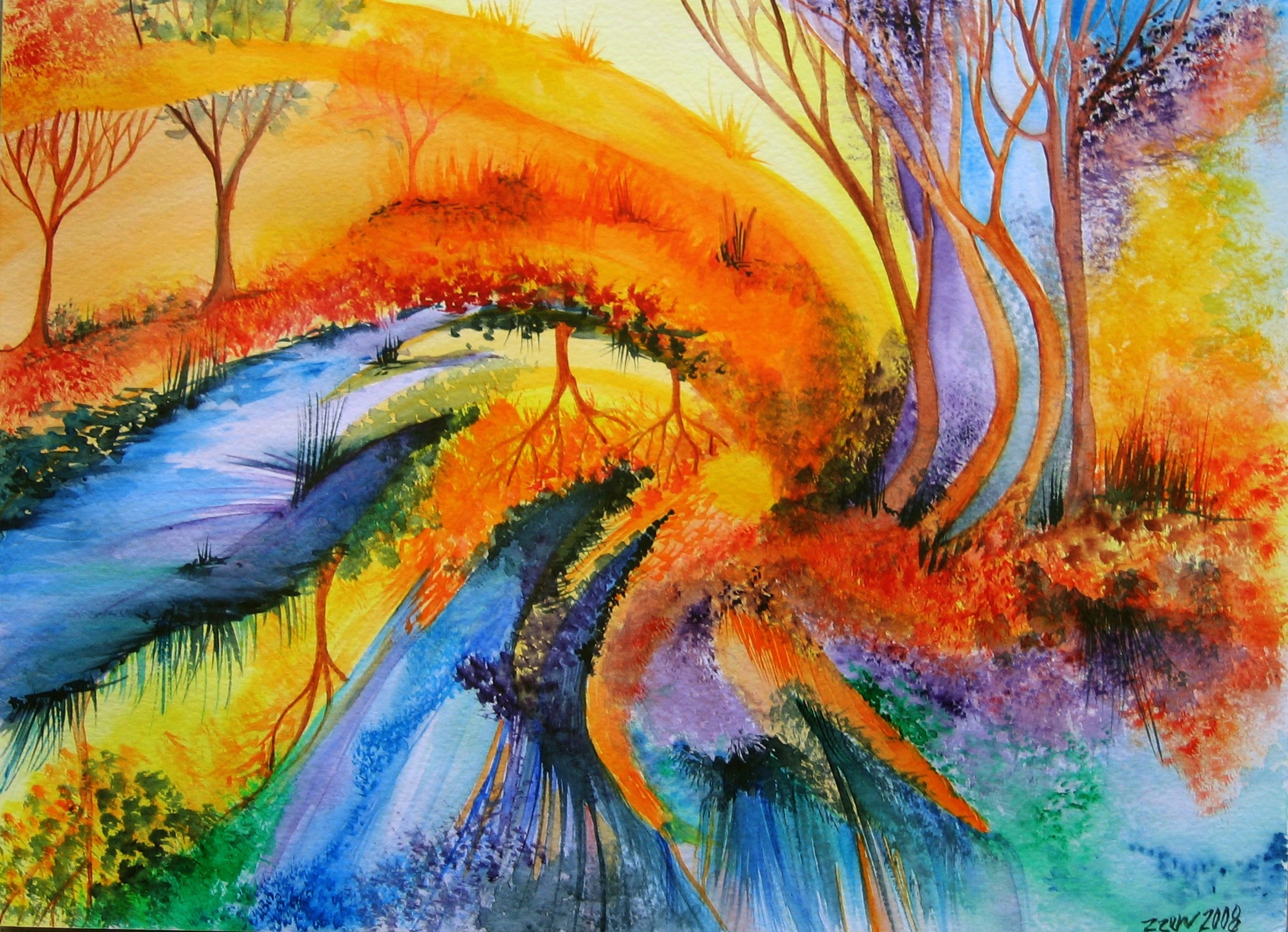 Abstract Colorful Trees and Flowing Water Painting HD Wallpaper