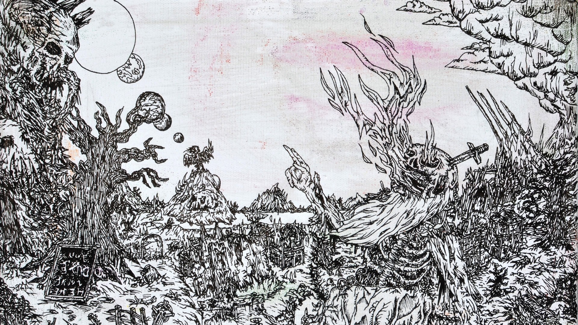 Monochrome fantasy art drawing of a surreal landscape HD Wallpaper