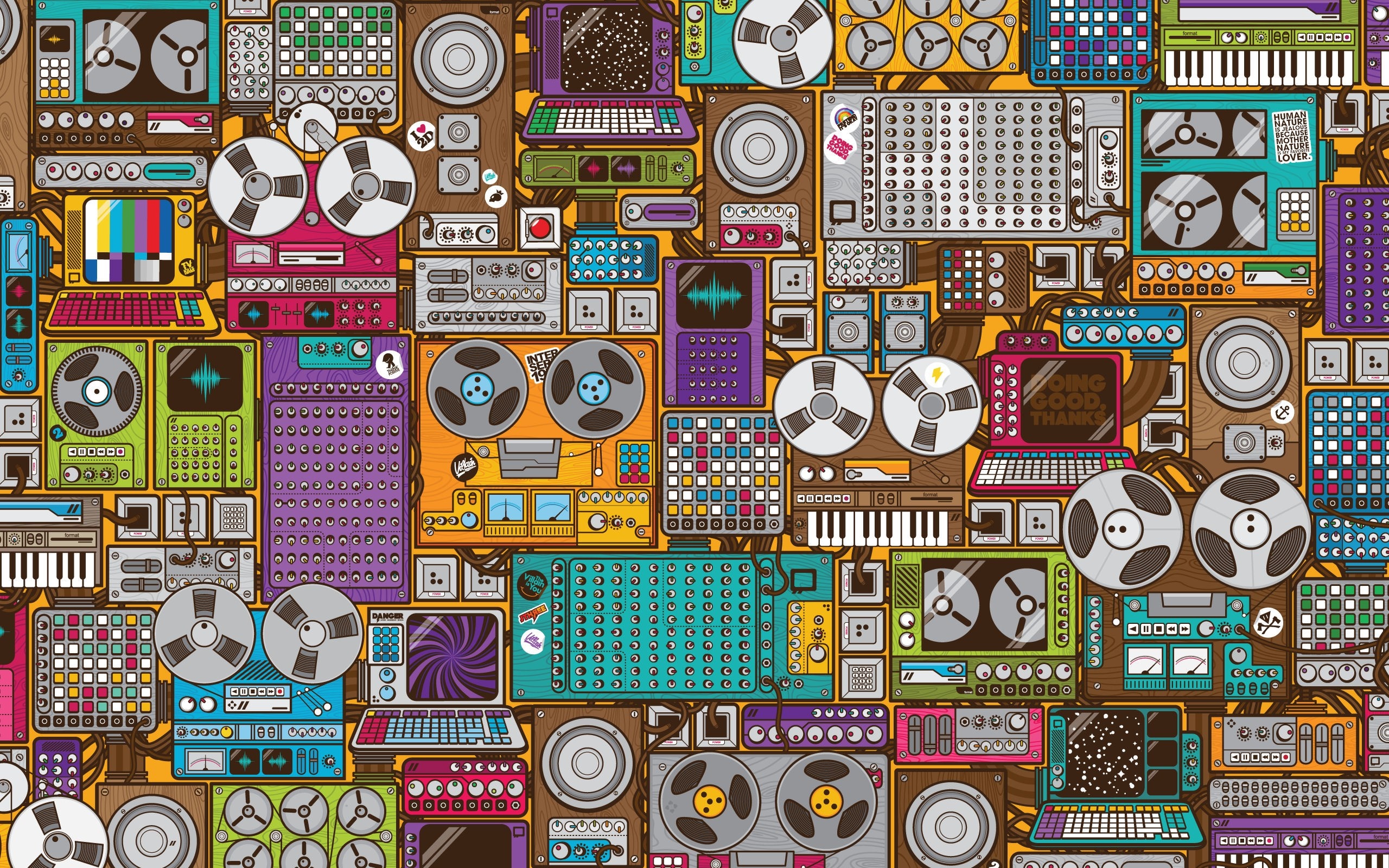 Vintage audio equipment and synthesizers collage HD Wallpaper