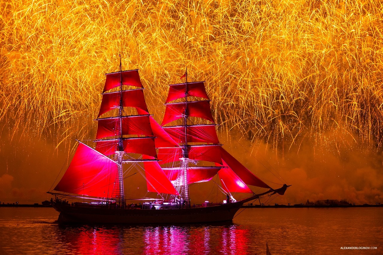 Sailing ship with red sails during fireworks HD Wallpaper