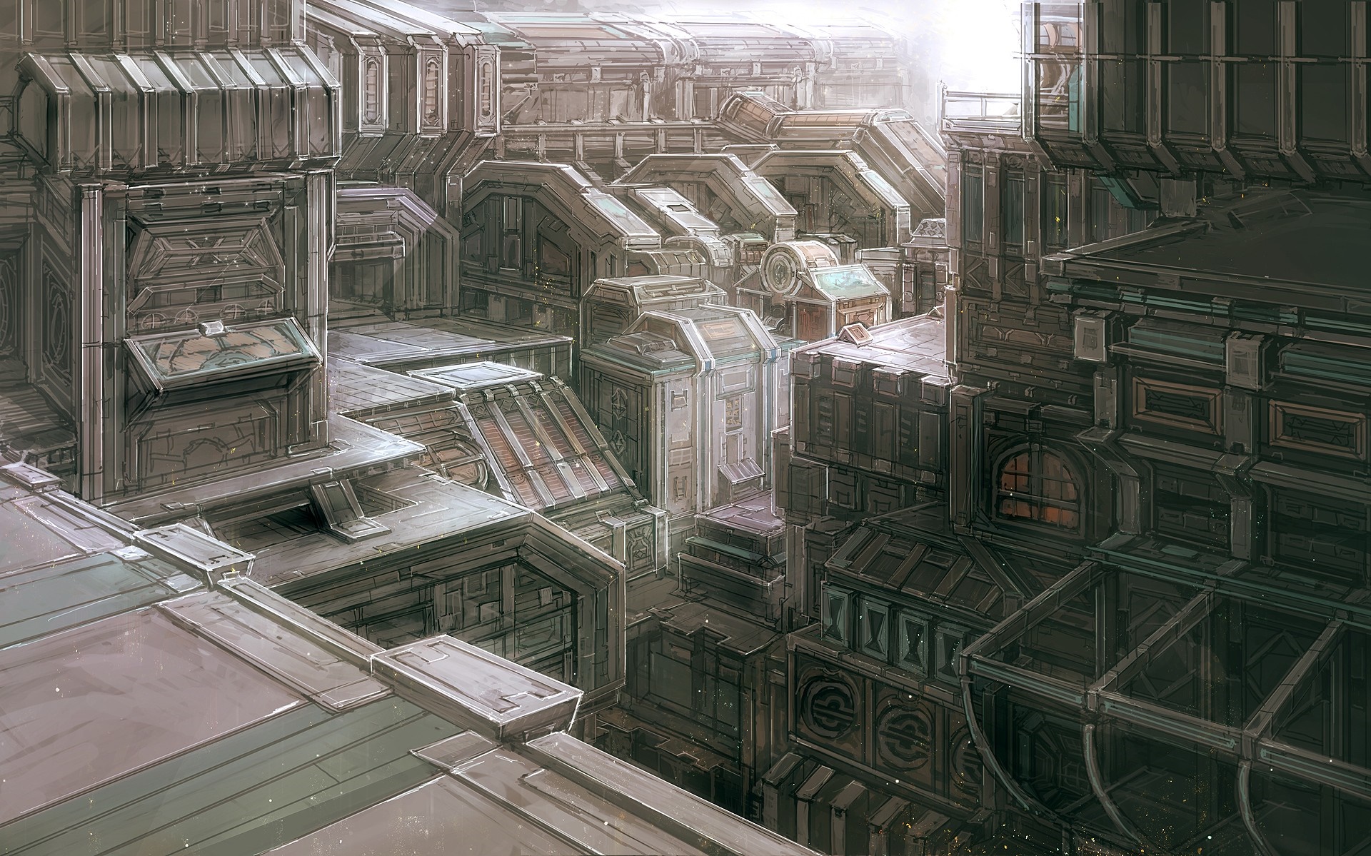 Futuristic industrial cityscape with complex architecture HD Wallpaper