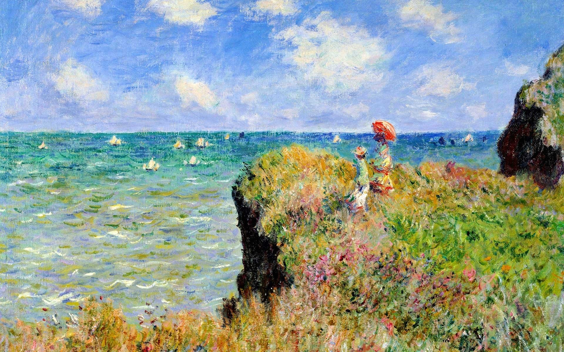 Claude Monet's Coastal Cliff with Parasol in France HD Wallpaper