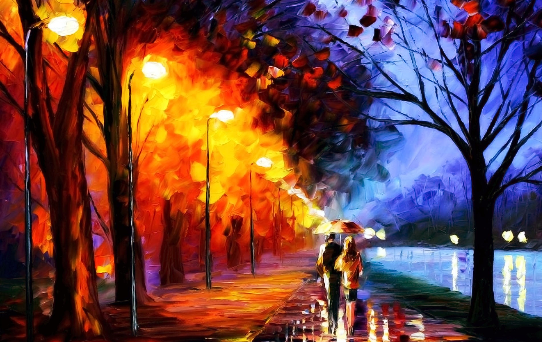 Painting of a couple walking under an umbrella at night HD Wallpaper