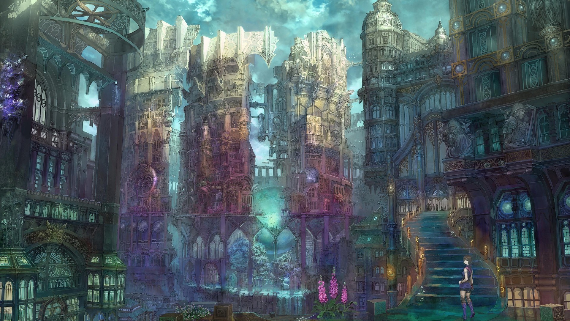 Anime cityscape with Gothic architecture and futuristic elements HD Wallpaper