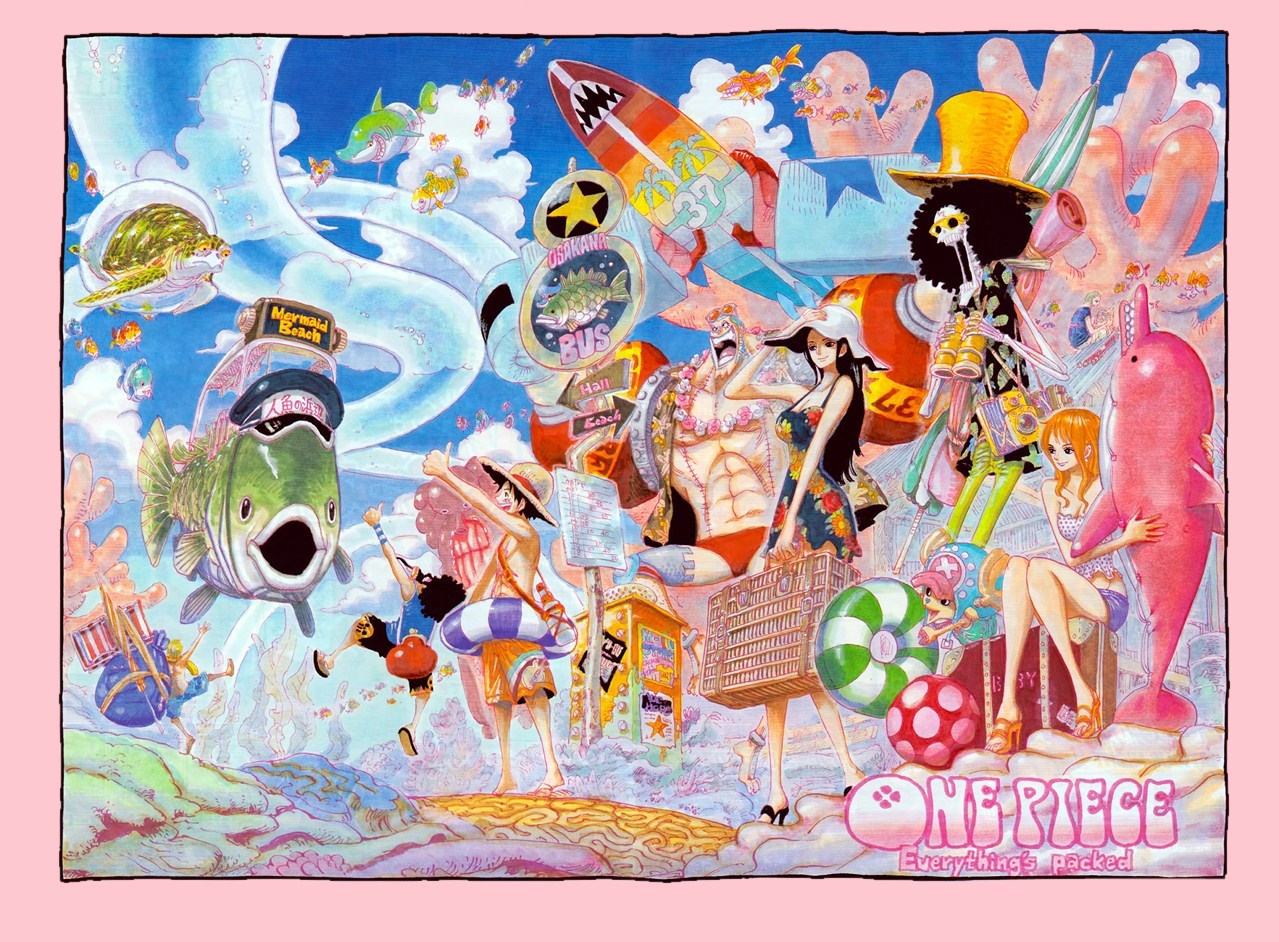 One Piece characters at a beach resort HD Wallpaper