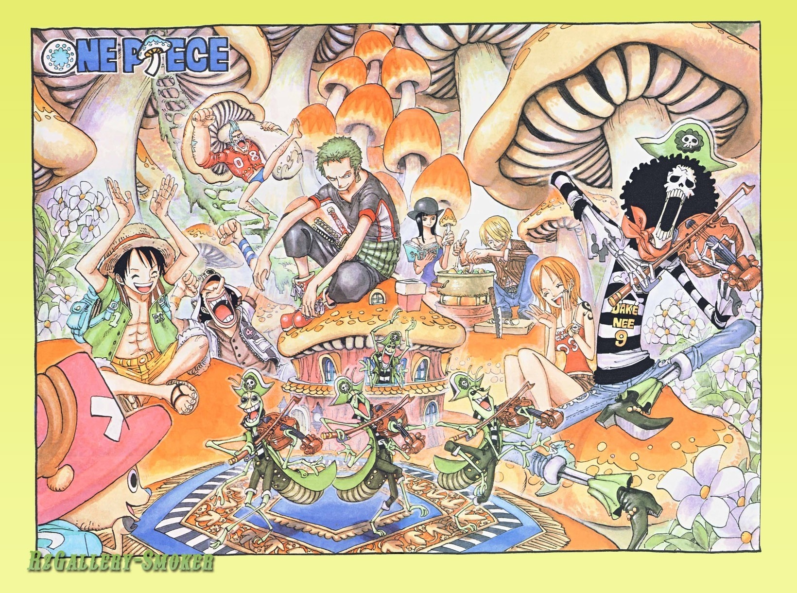 One Piece characters in a mushroom forest HD Wallpaper