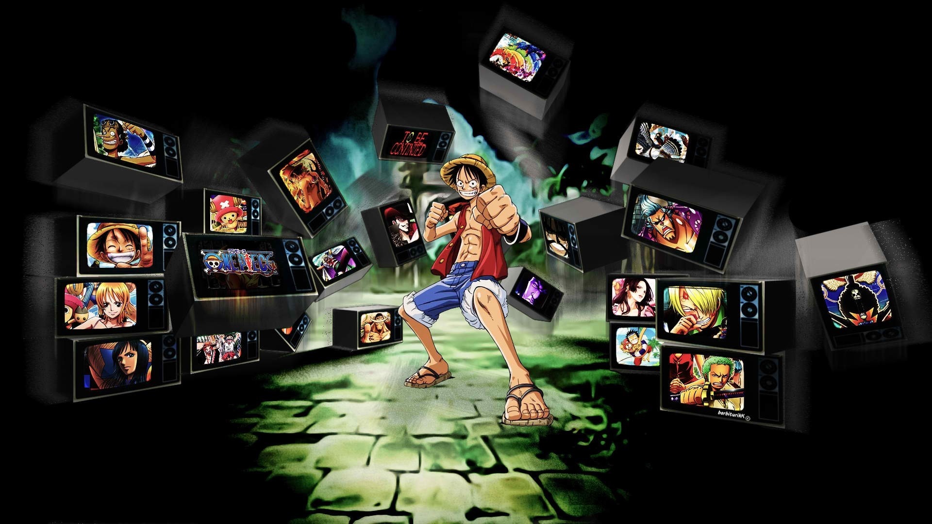 Monkey D. Luffy and One Piece characters on screens HD Wallpaper
