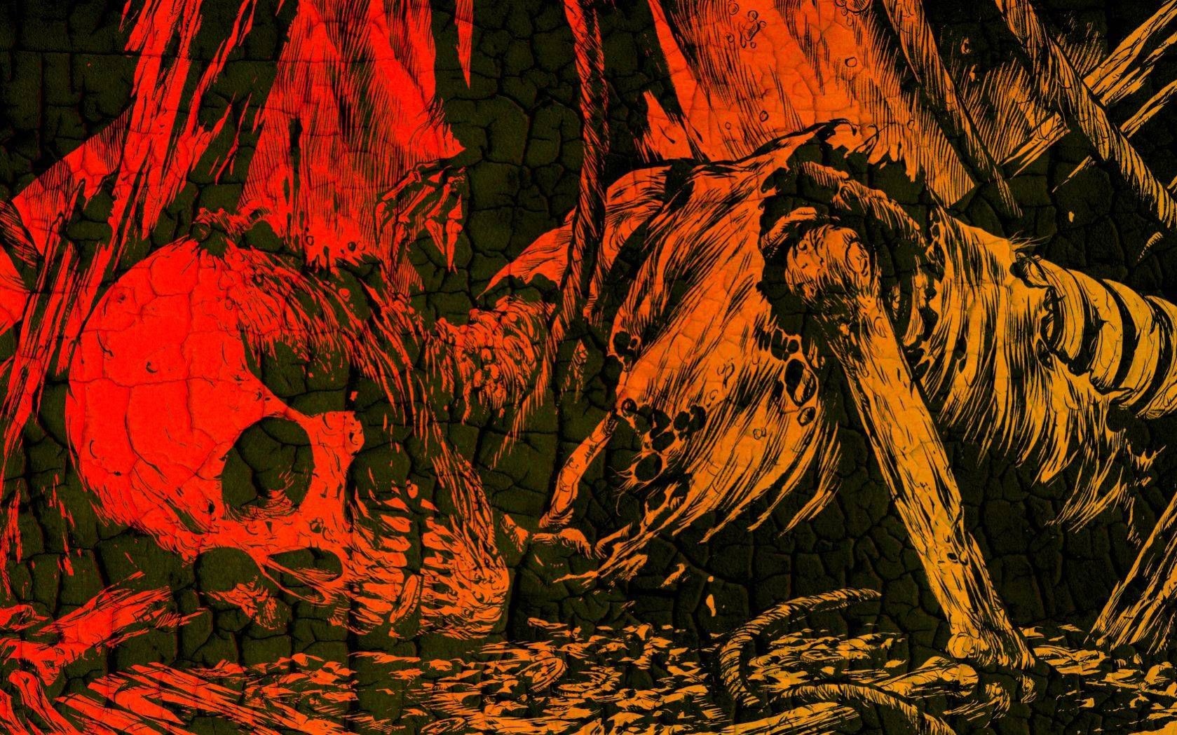 Painting of a skeleton with red and orange hues HD Wallpaper