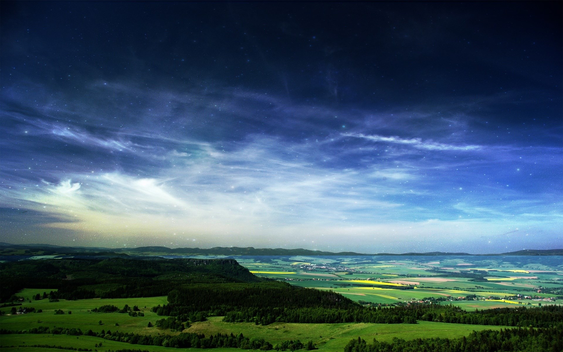 Night sky over rolling green hills and fields HD Wallpaper