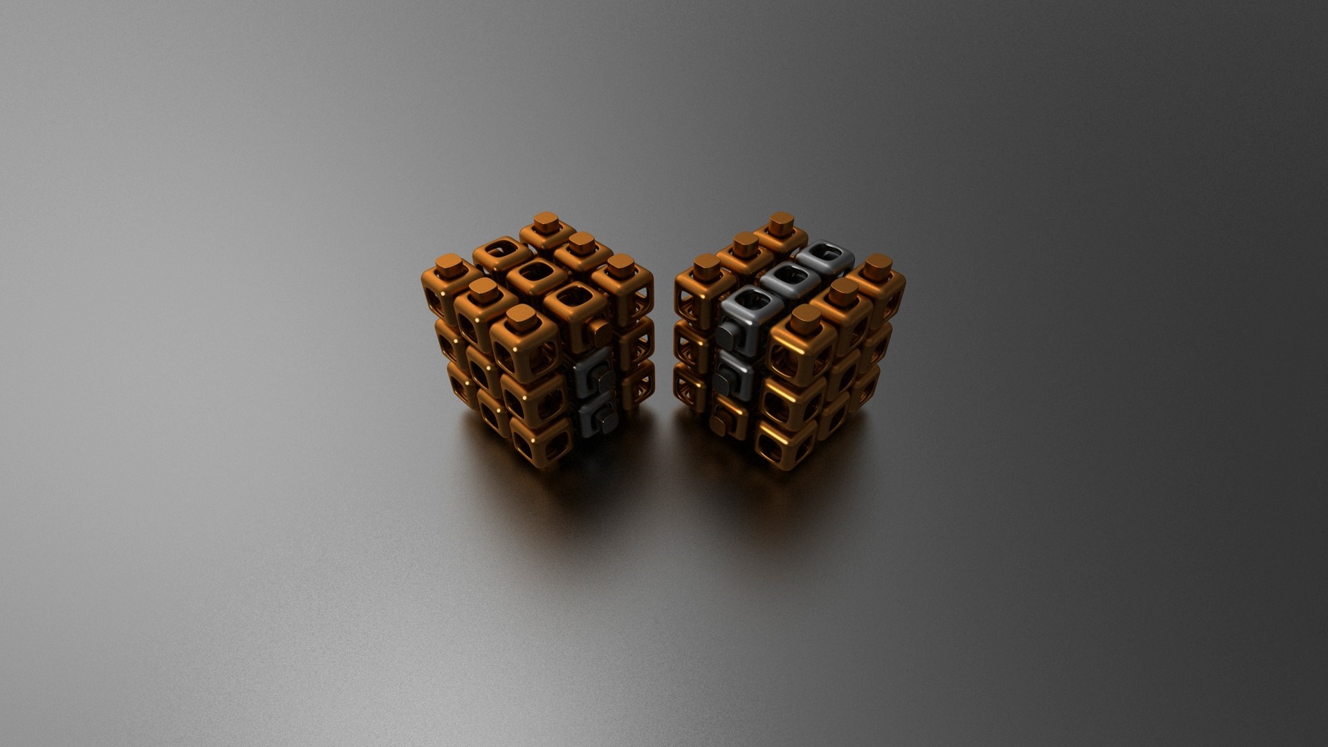 Two metallic cubes with gold and silver elements HD Wallpaper