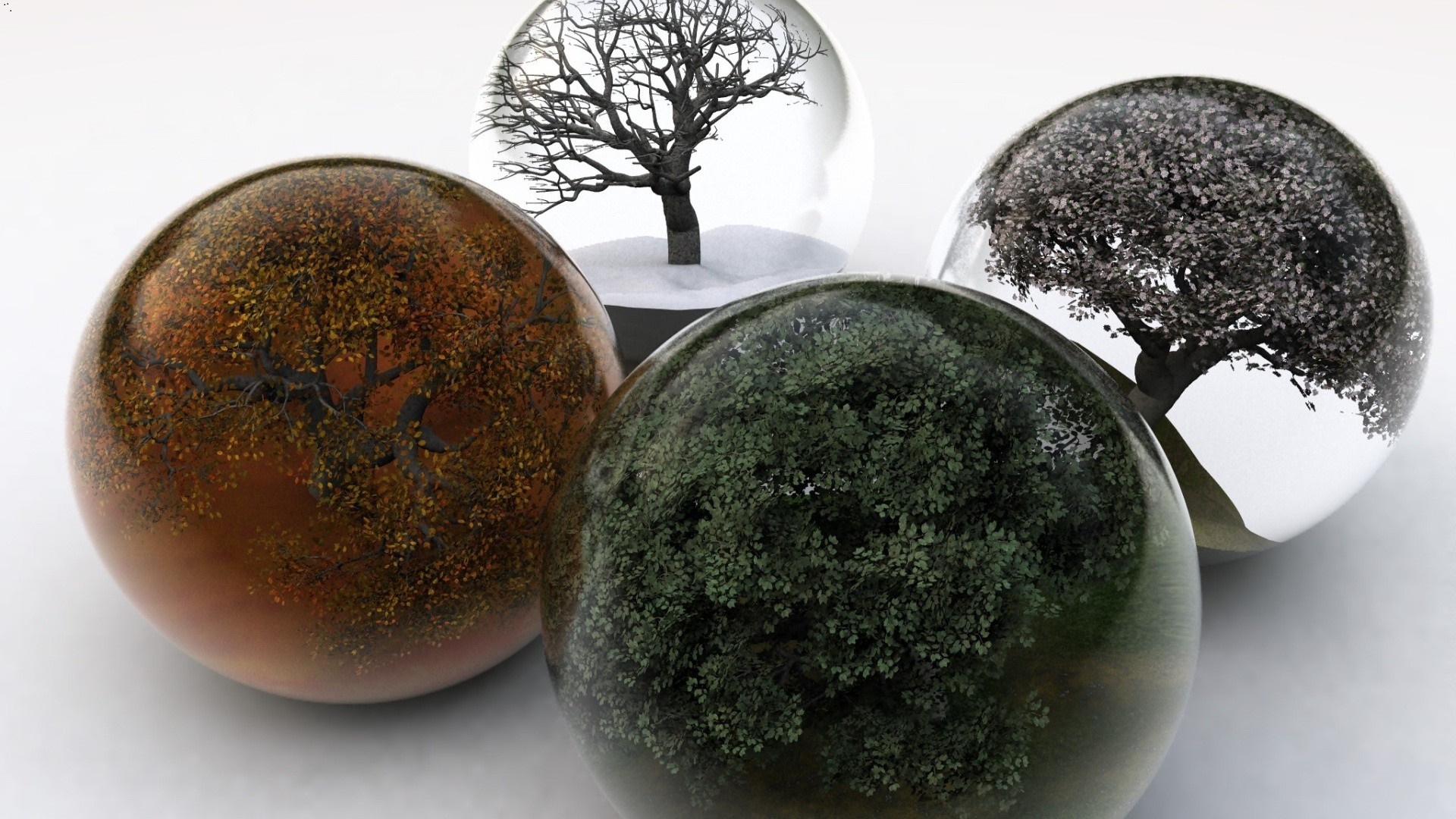 Four spheres with trees representing seasons HD Wallpaper