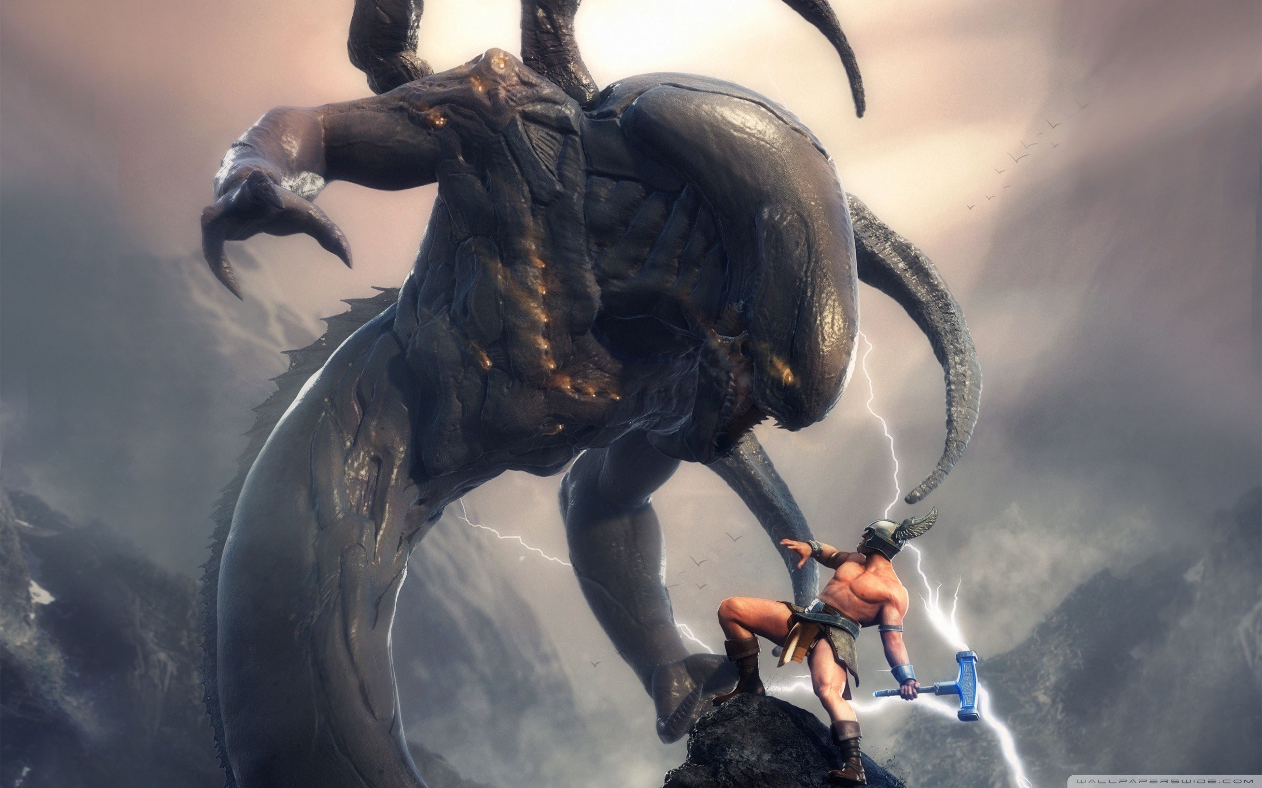 Thor fighting Jörmungandr, the Midgard Serpent HD Wallpaper