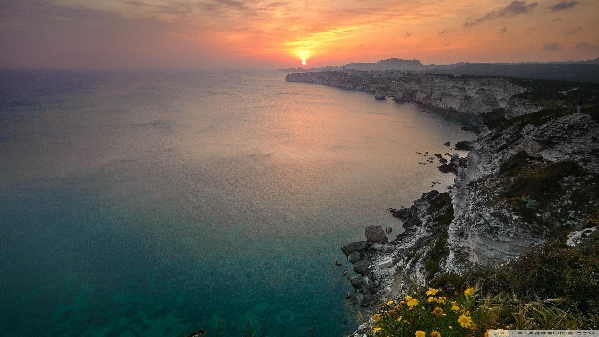 Sunset over the sea cliffs HD Wallpaper