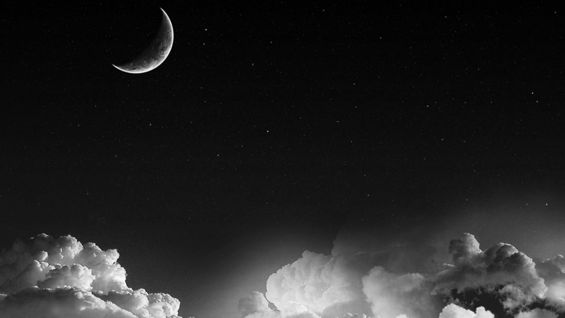 Crescent Moon and Stars Over Clouds HD Wallpaper