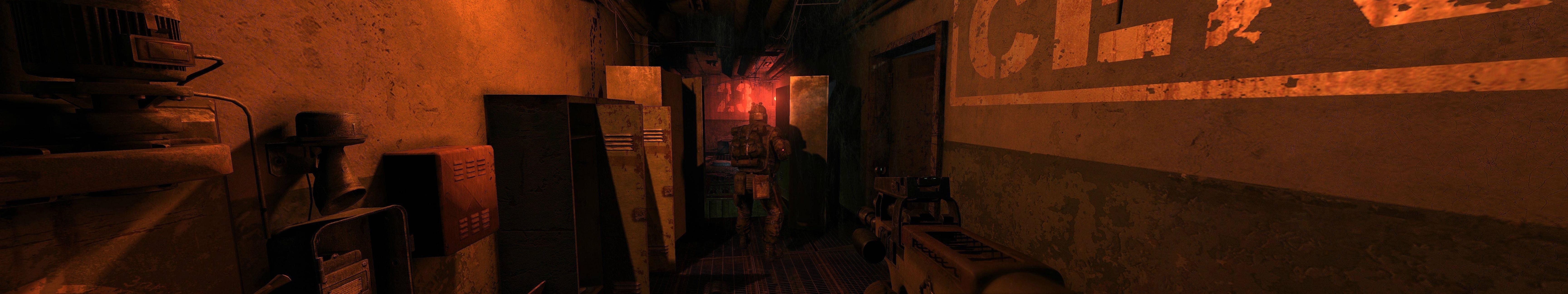 Dark corridor with red light and machinery HD Wallpaper