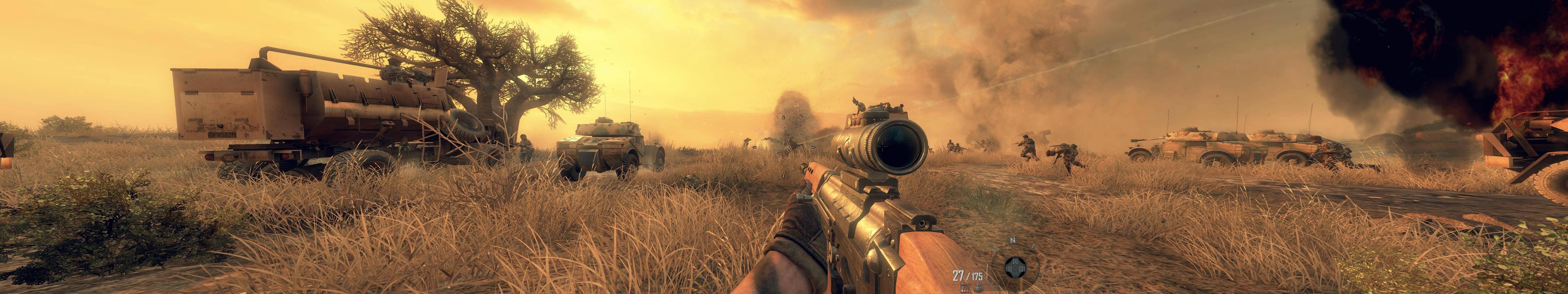 Soldier aiming rifle in savanna with burning vehicle HD Wallpaper