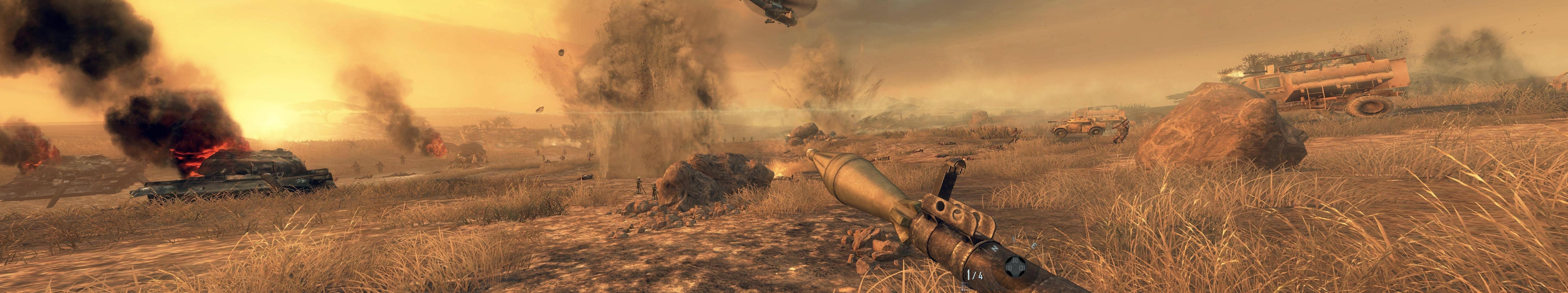 War scene with explosions and burning vehicles HD Wallpaper
