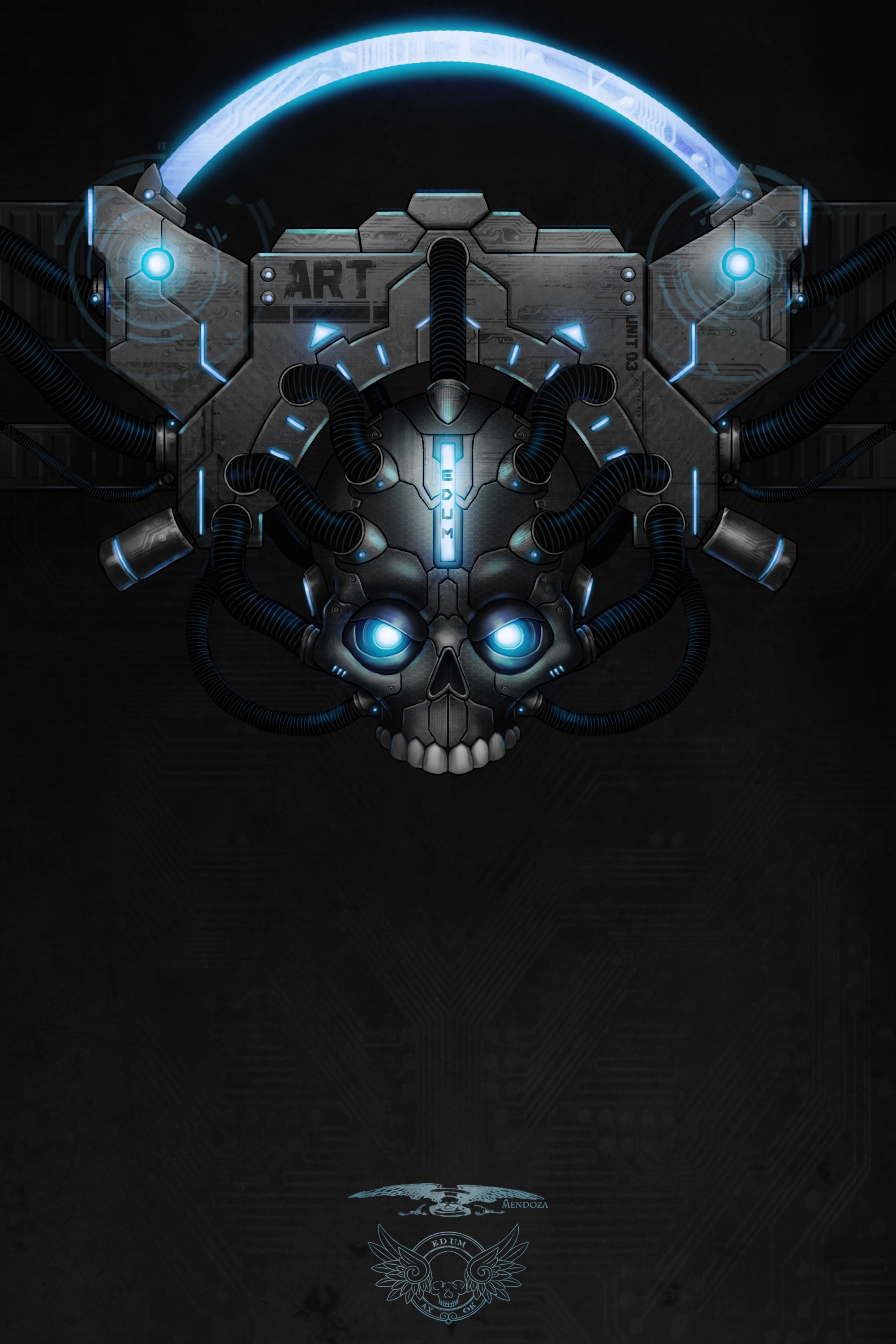 Cybernetic Skull with Blue Lights and Cables HD Wallpaper