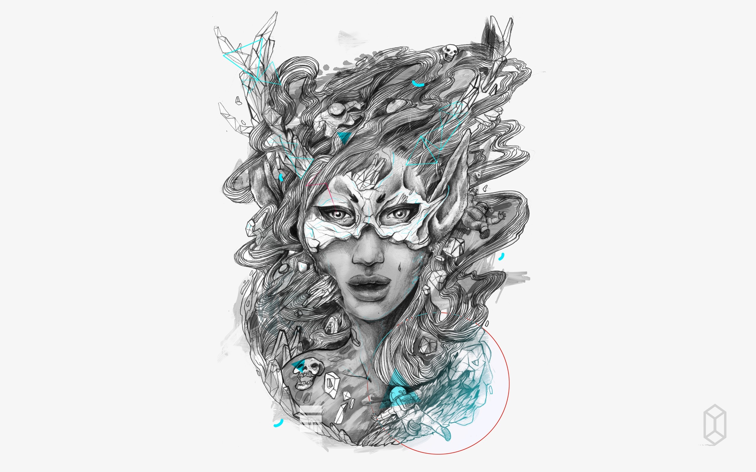 Illustration of a masked woman with abstract elements HD Wallpaper