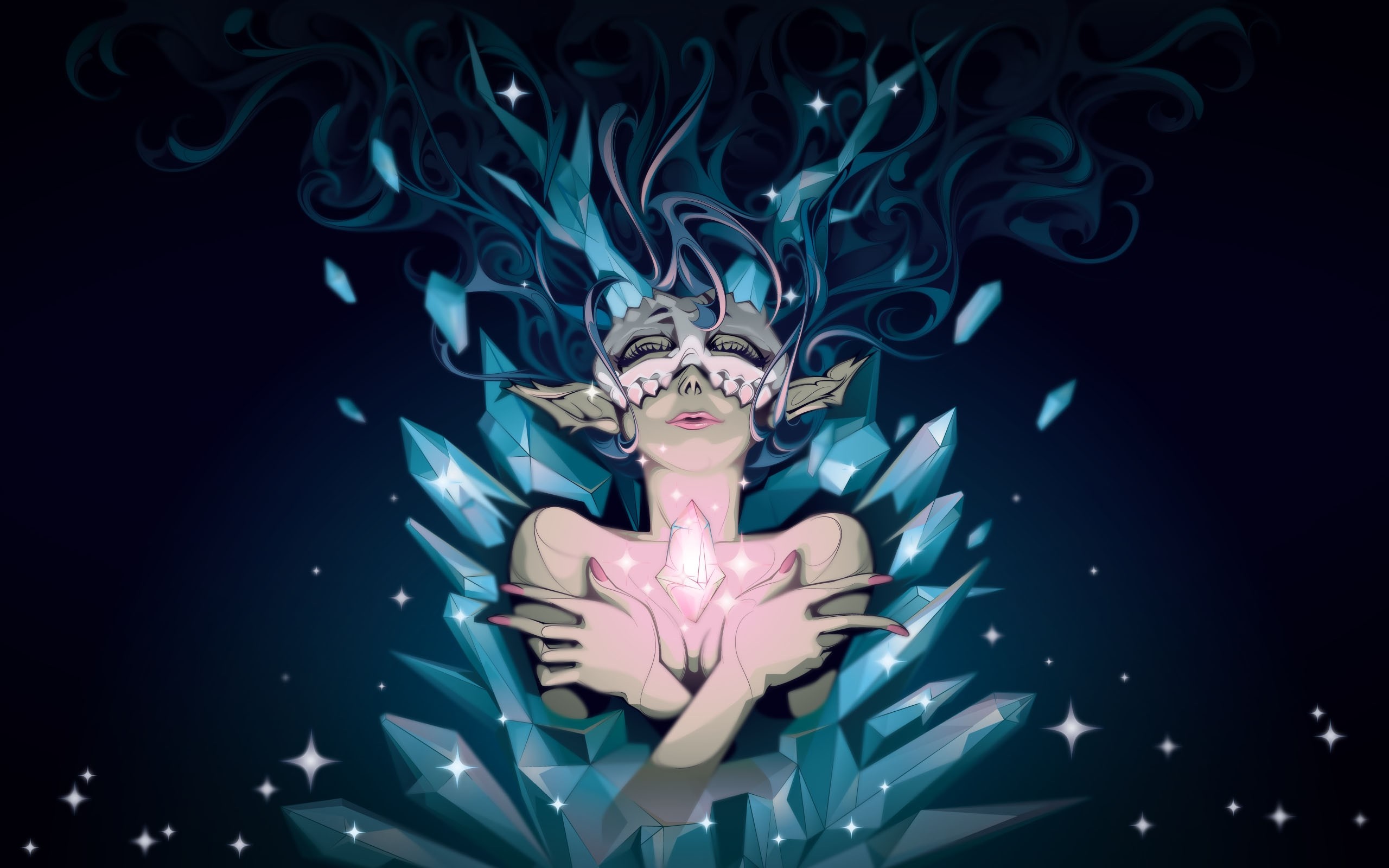 Illustration of a woman with crystals and flowing hair HD Wallpaper