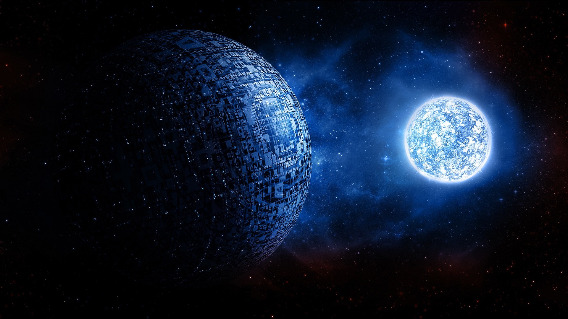 Artificial planet and blue star in deep space HD Wallpaper