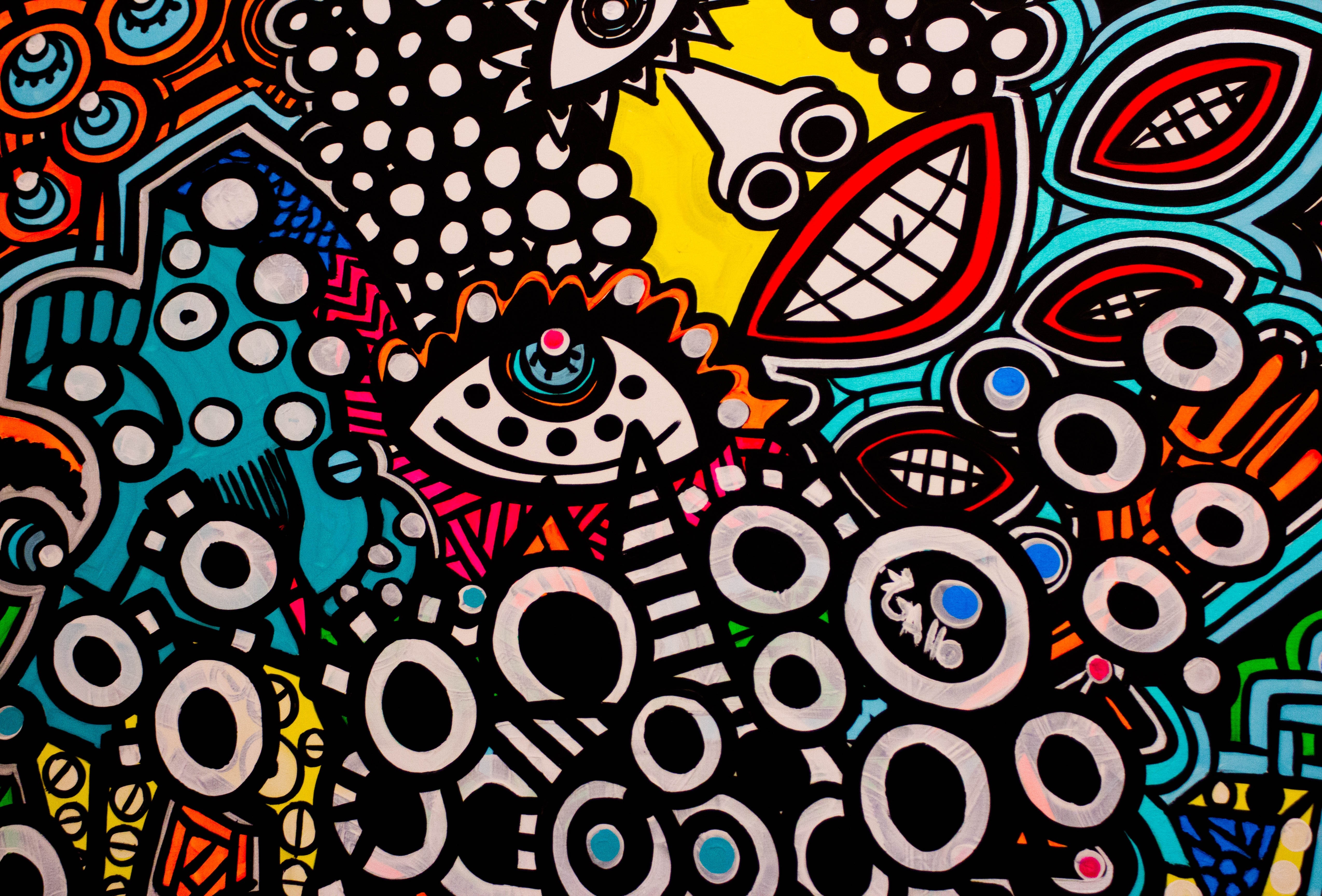 Abstract psychedelic art with eyes and circles HD Wallpaper