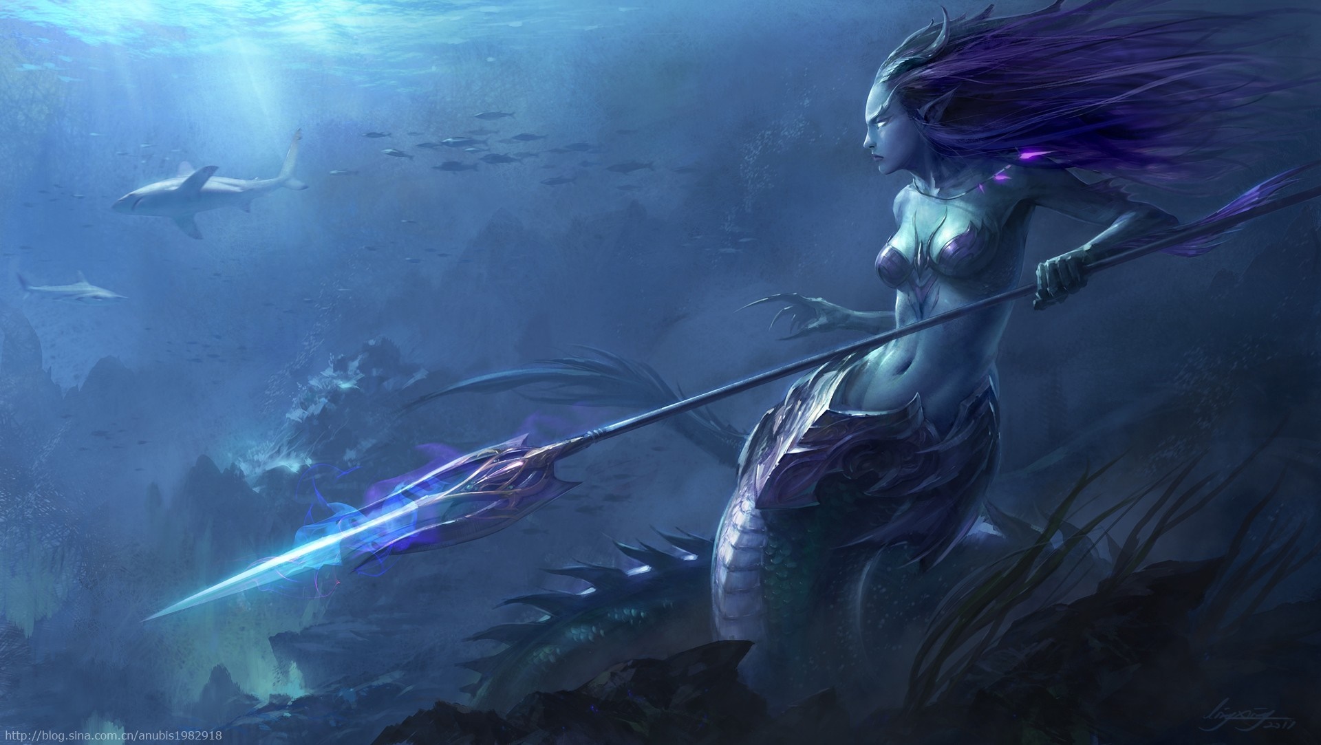 Mermaid with a spear underwater with sharks HD Wallpaper