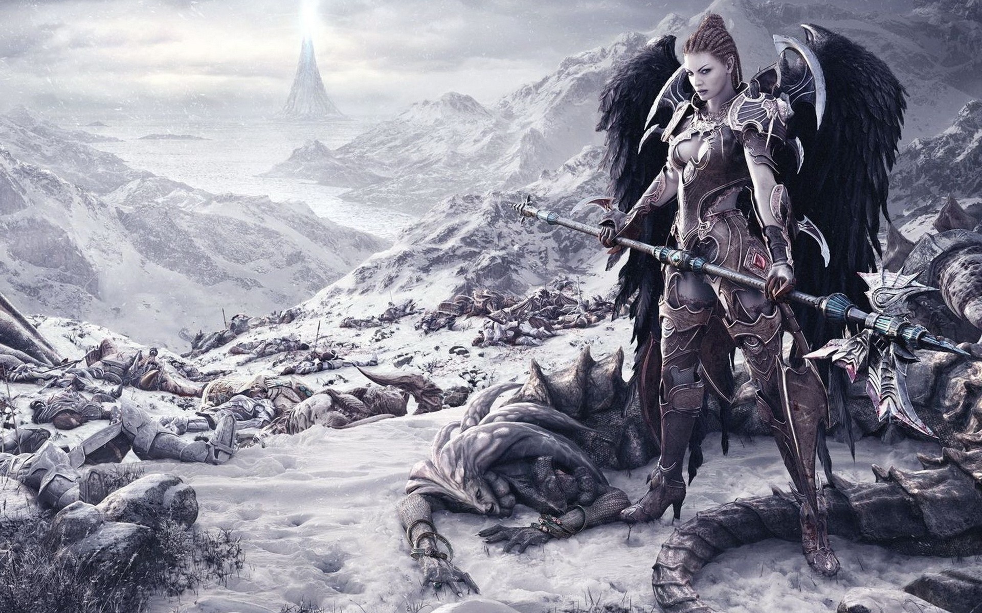 Angel warrior in a snowy battlefield from Aion HD Wallpaper