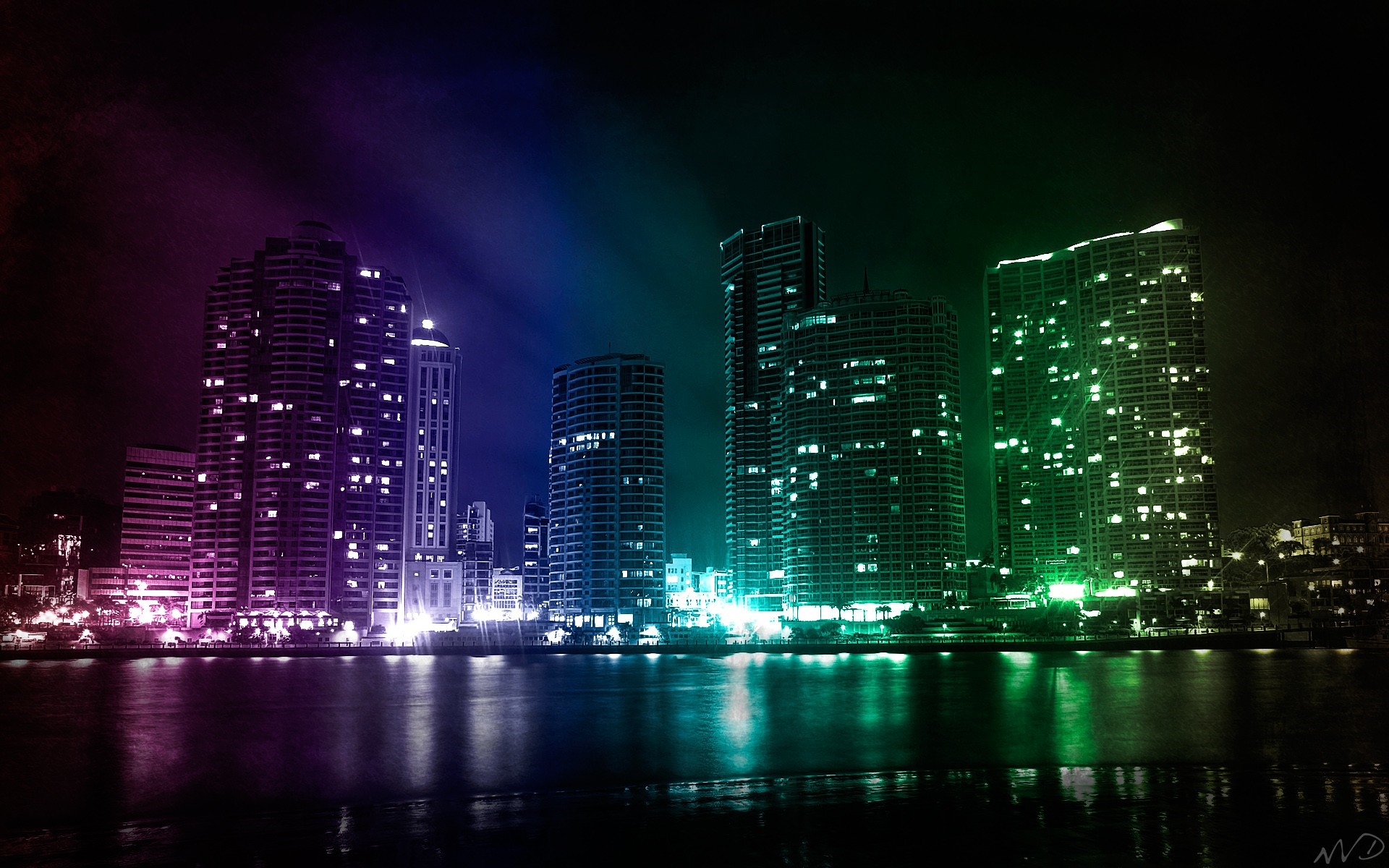 Colorful city skyline at night with reflections HD Wallpaper