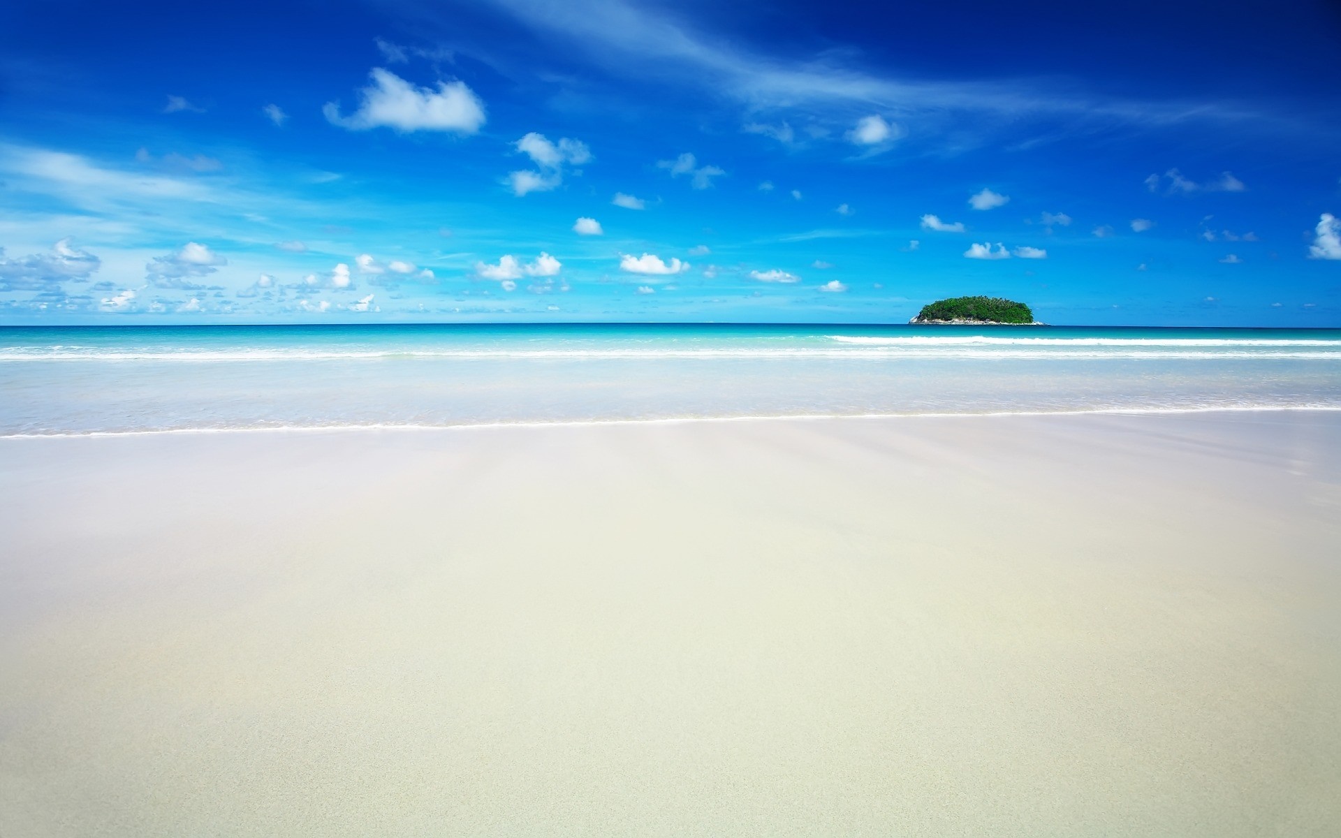 White sand beach and turquoise ocean under blue sky with clouds HD Wallpaper