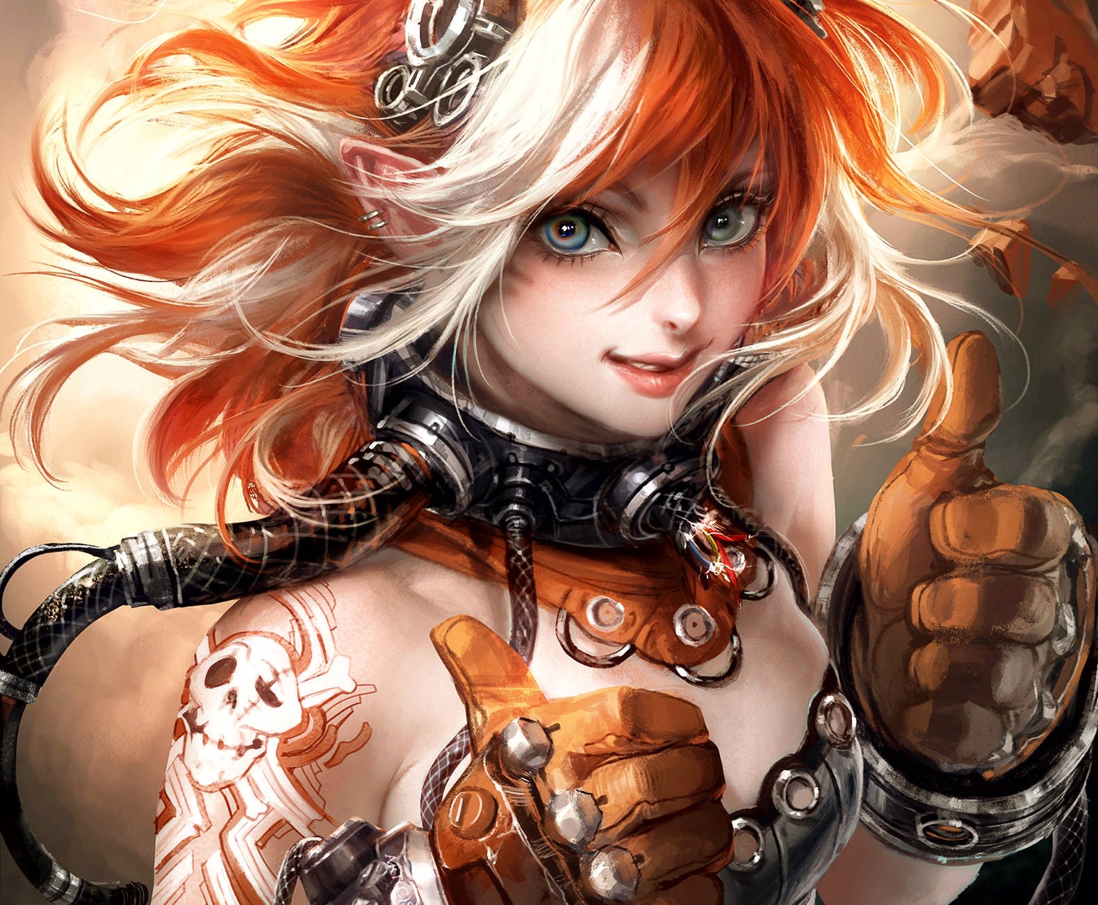 Anime girl with orange and white hair giving thumbs up HD Wallpaper