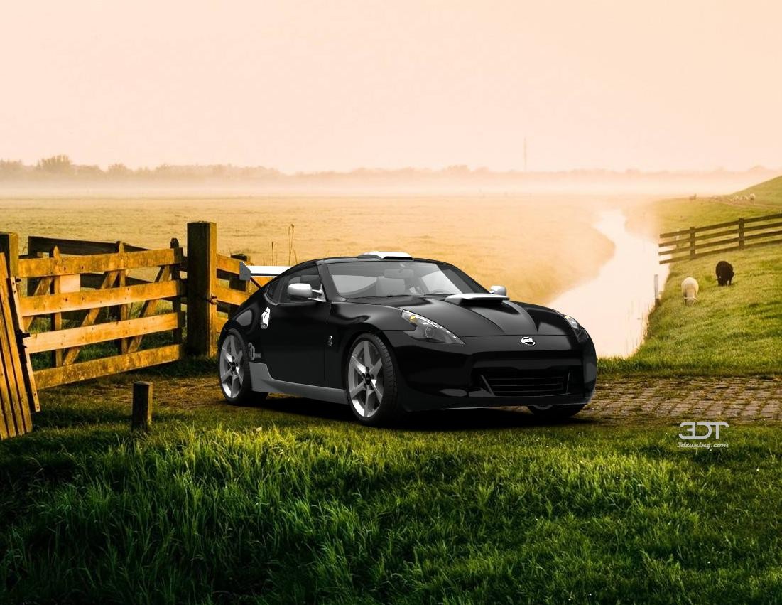Black Nissan 370Z parked by a wooden fence in a field HD Wallpaper
