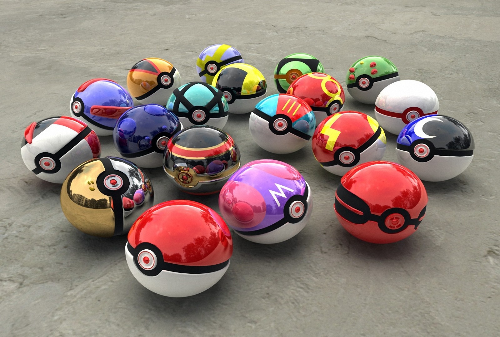 Collection of various Pokemon balls on a concrete surface HD Wallpaper