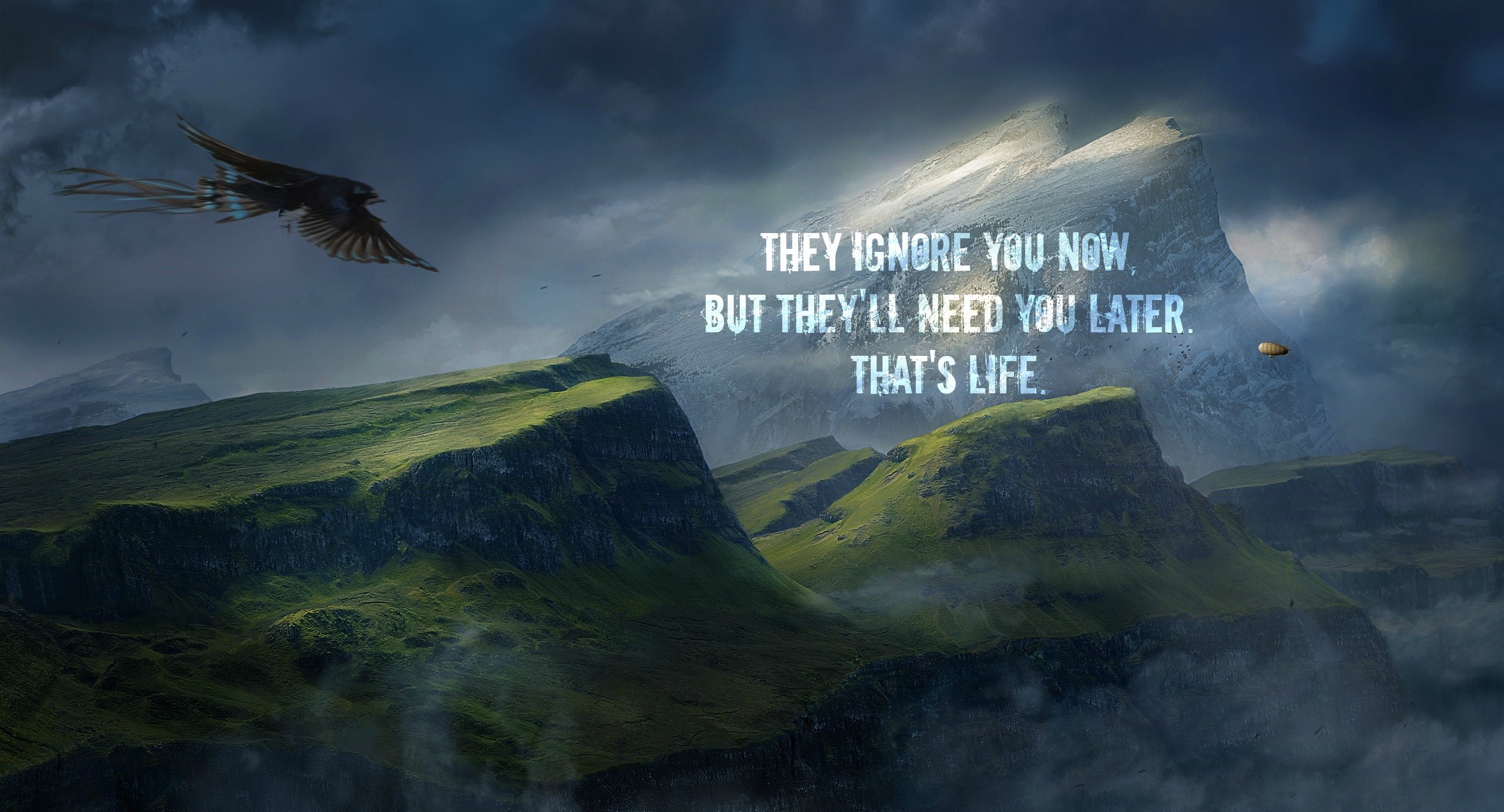 Inspirational quote over a mountain landscape with a bird HD Wallpaper